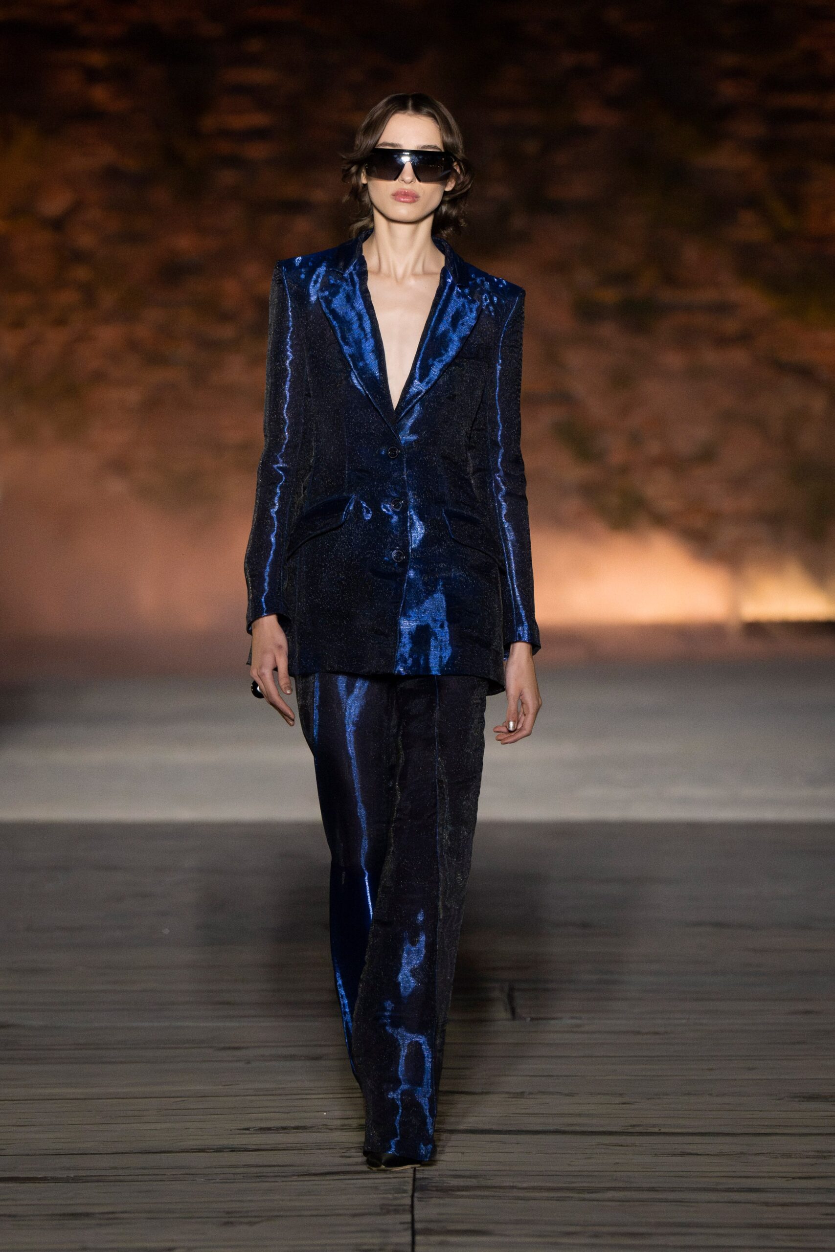 blue velvet long-sleeve v-neck tailored buttoned shiny suit