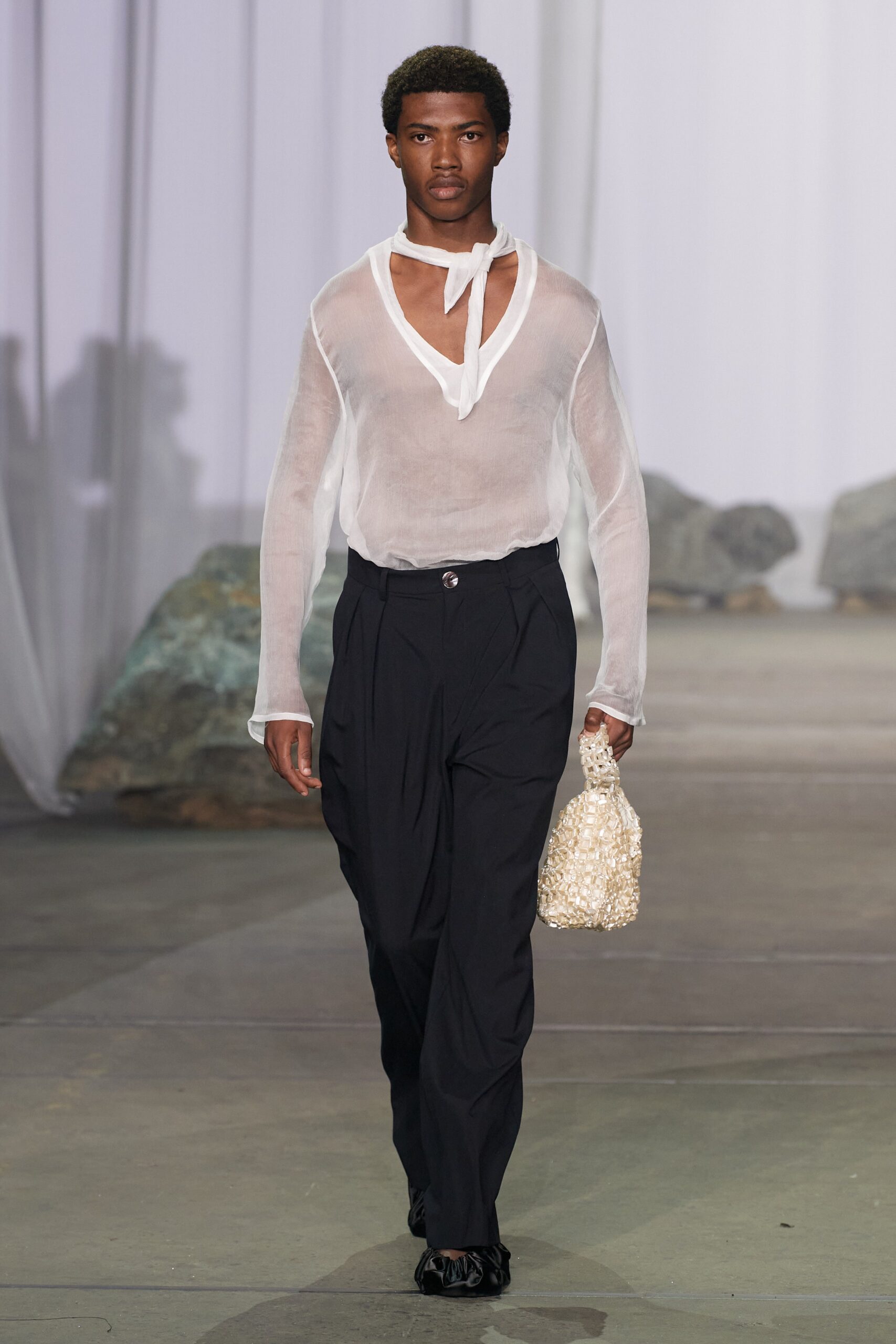 white silk long-sleeve v-neck relaxed sheer flowing shirt