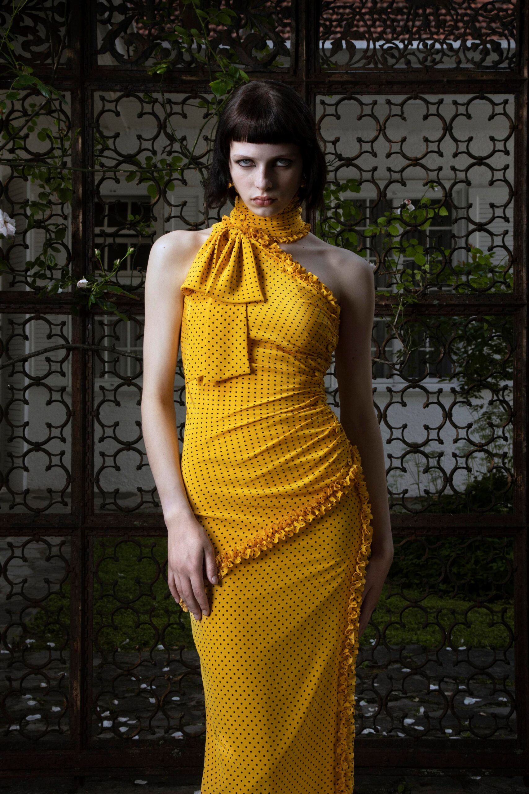 yellow silk fitted gown