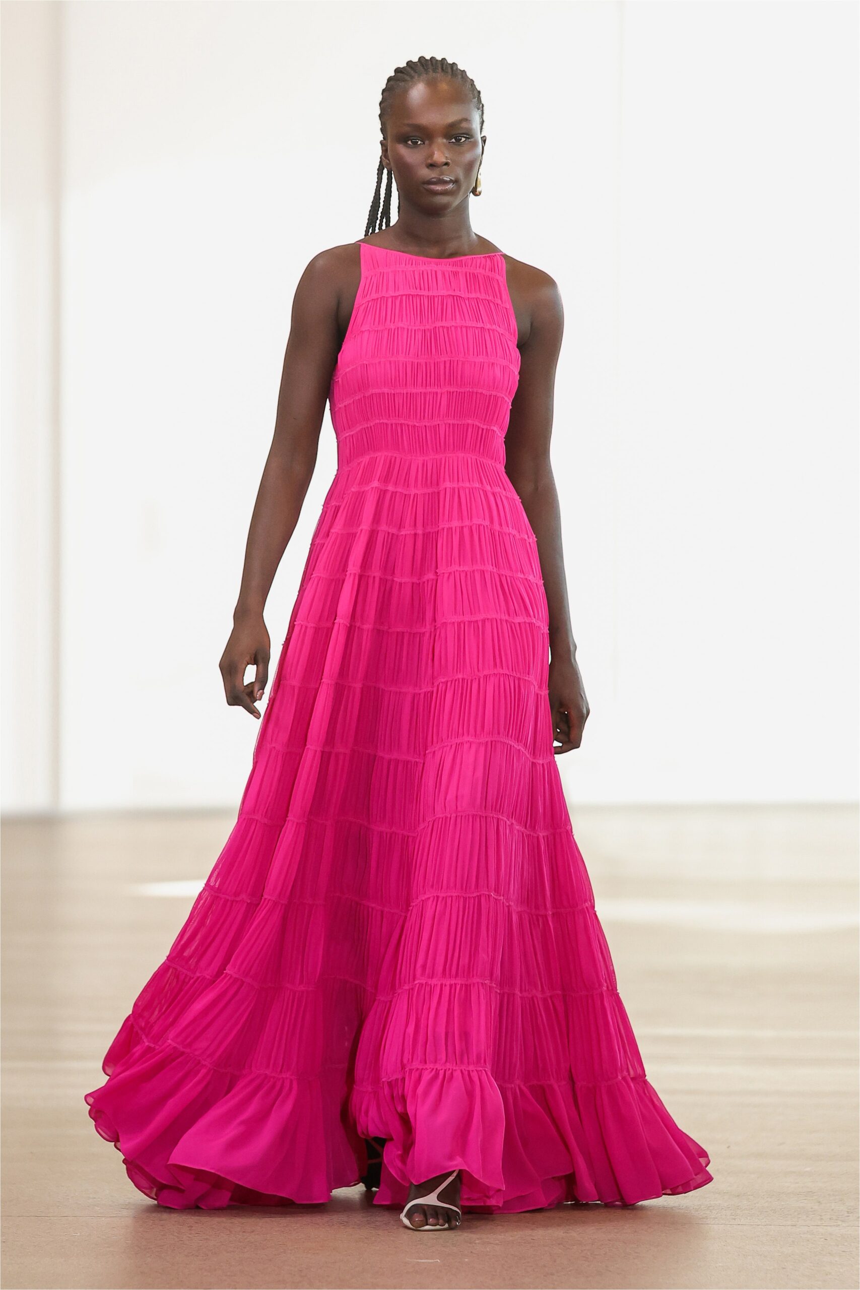 fitted pink chiffon gown