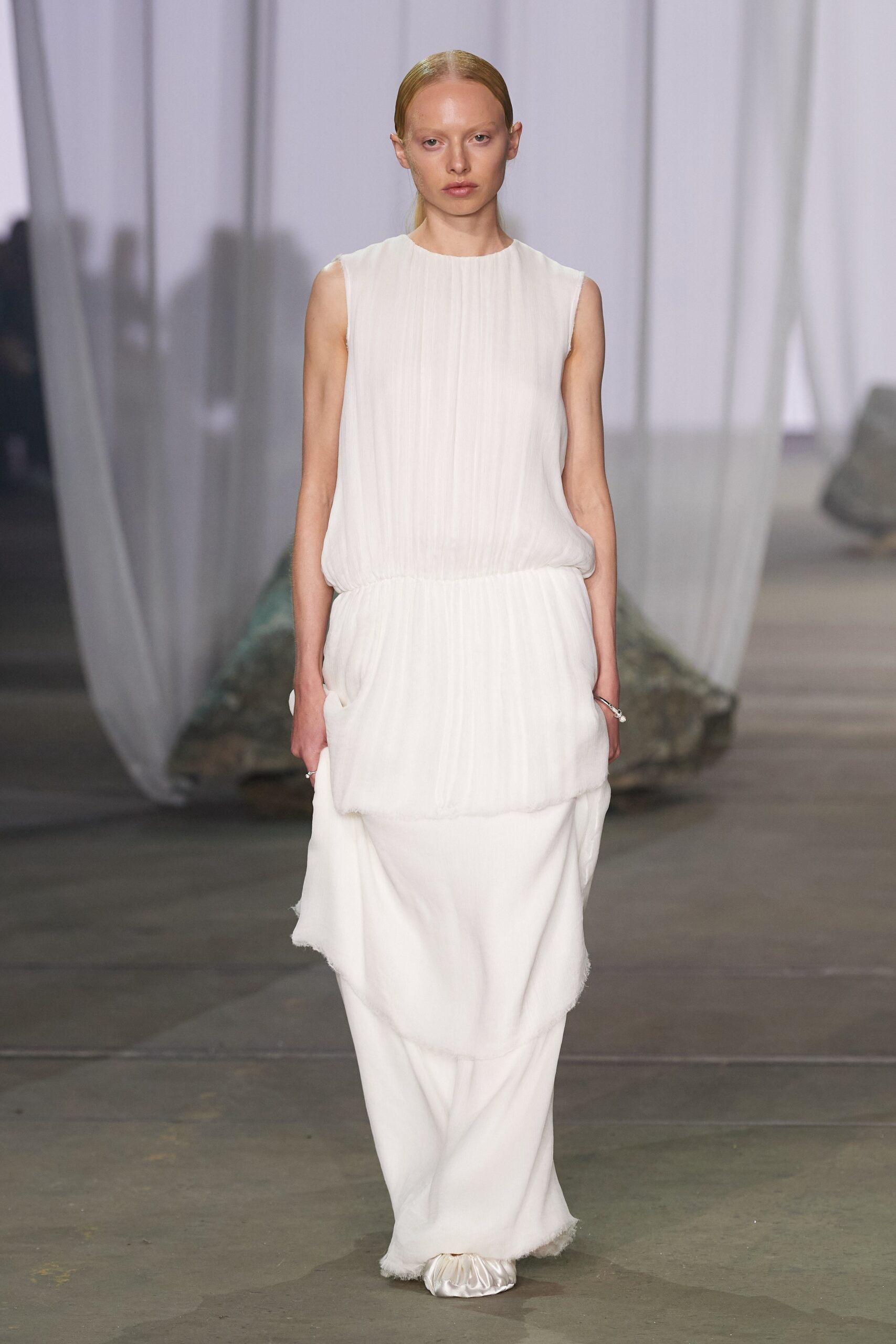 white pleated silk midi dress
