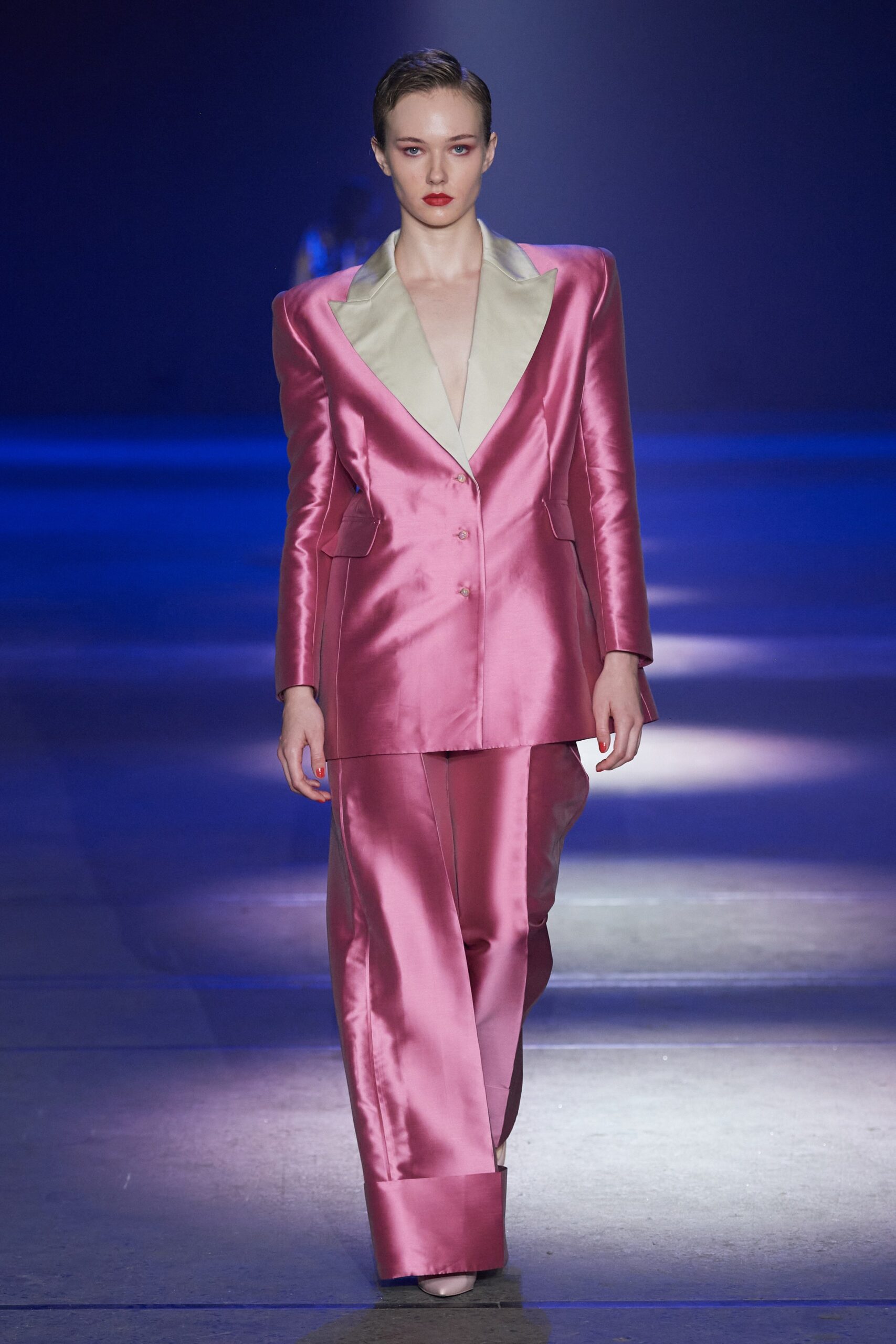 pink satin tailored suit