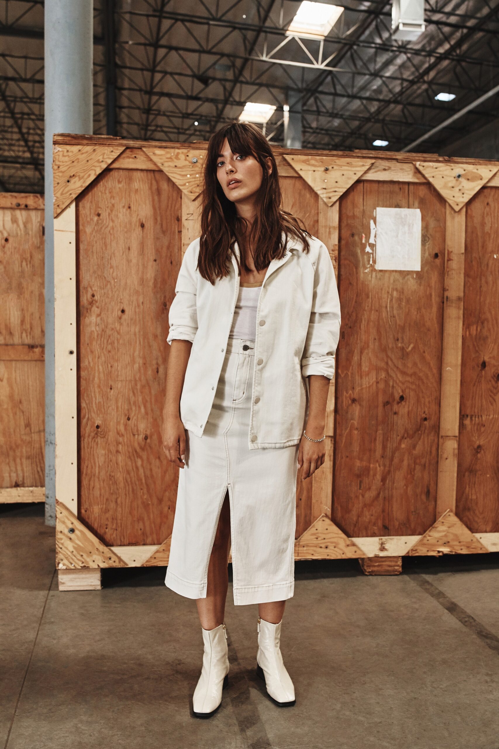 white denim slit fitted high-waisted midi skirt