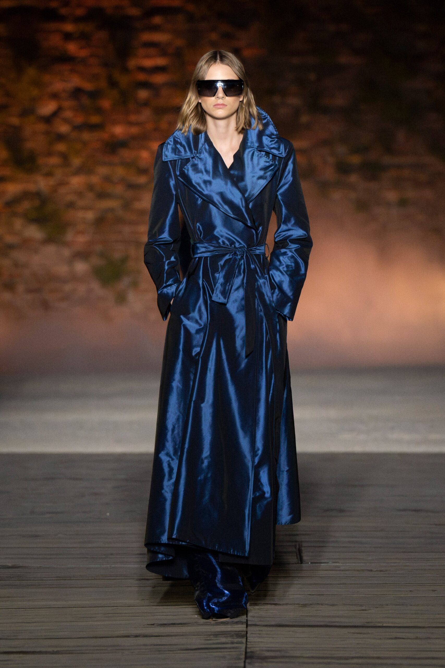 blue satin belted coat