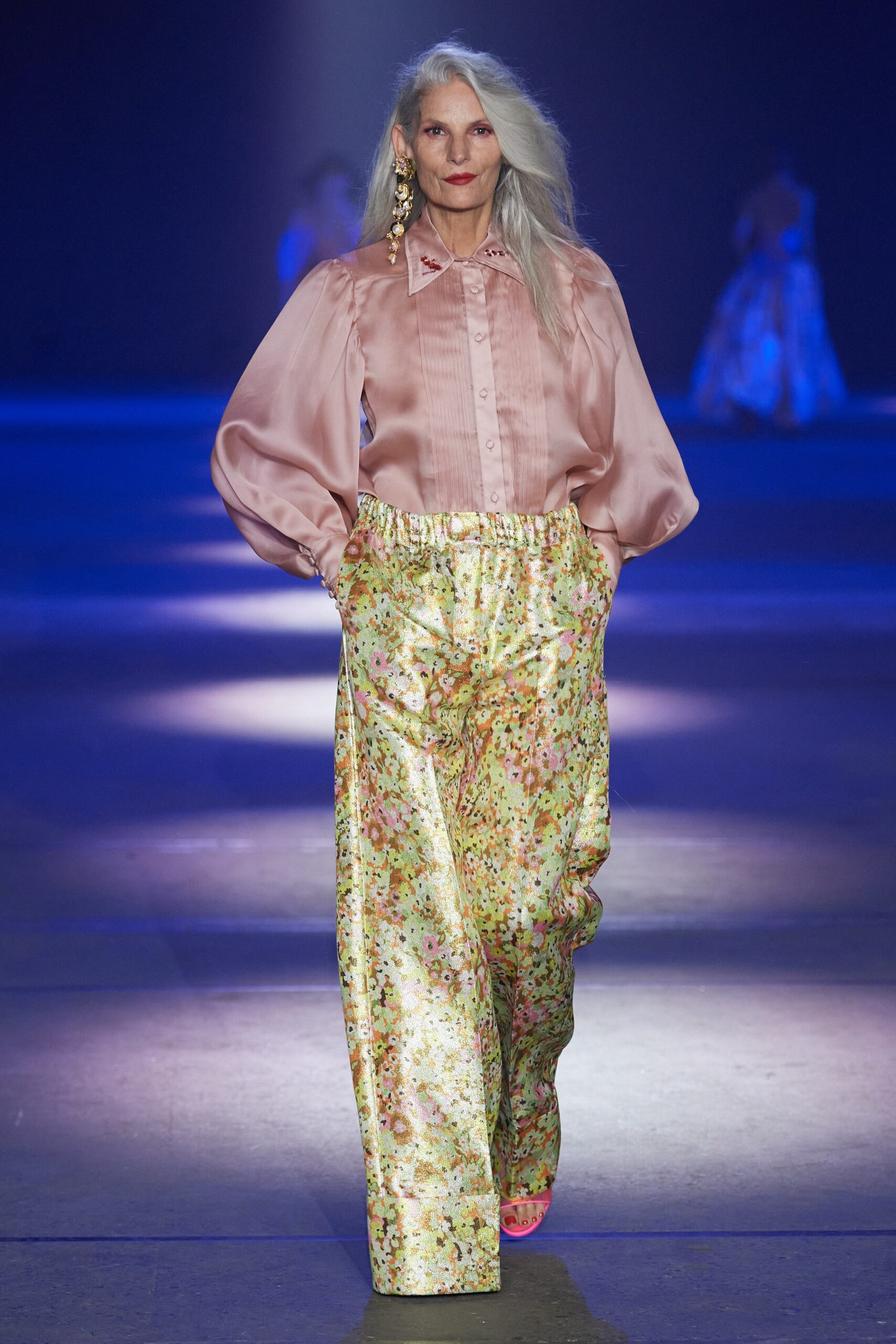 pink silk blouse with floral pants
