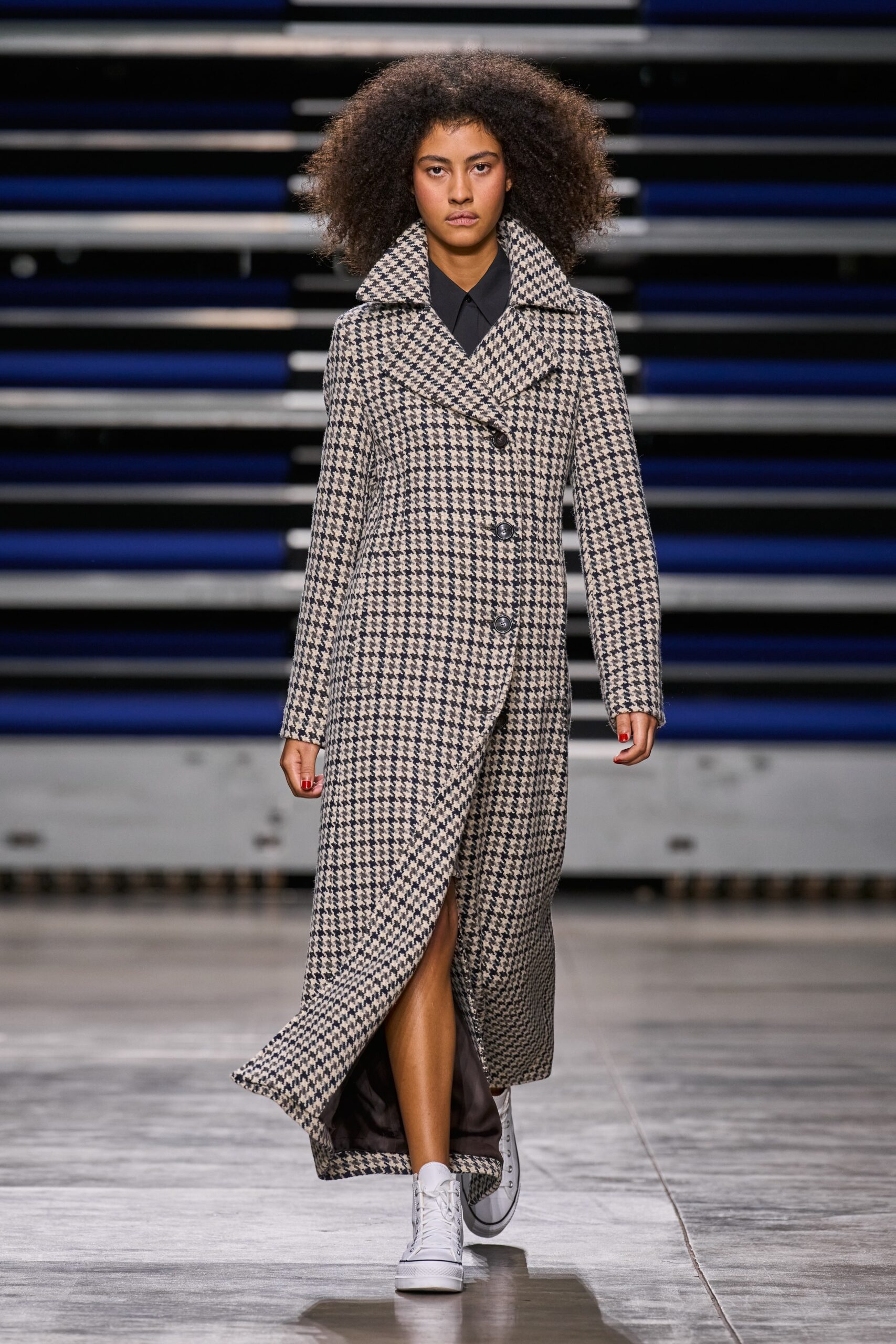 checked wool coat with black shirt