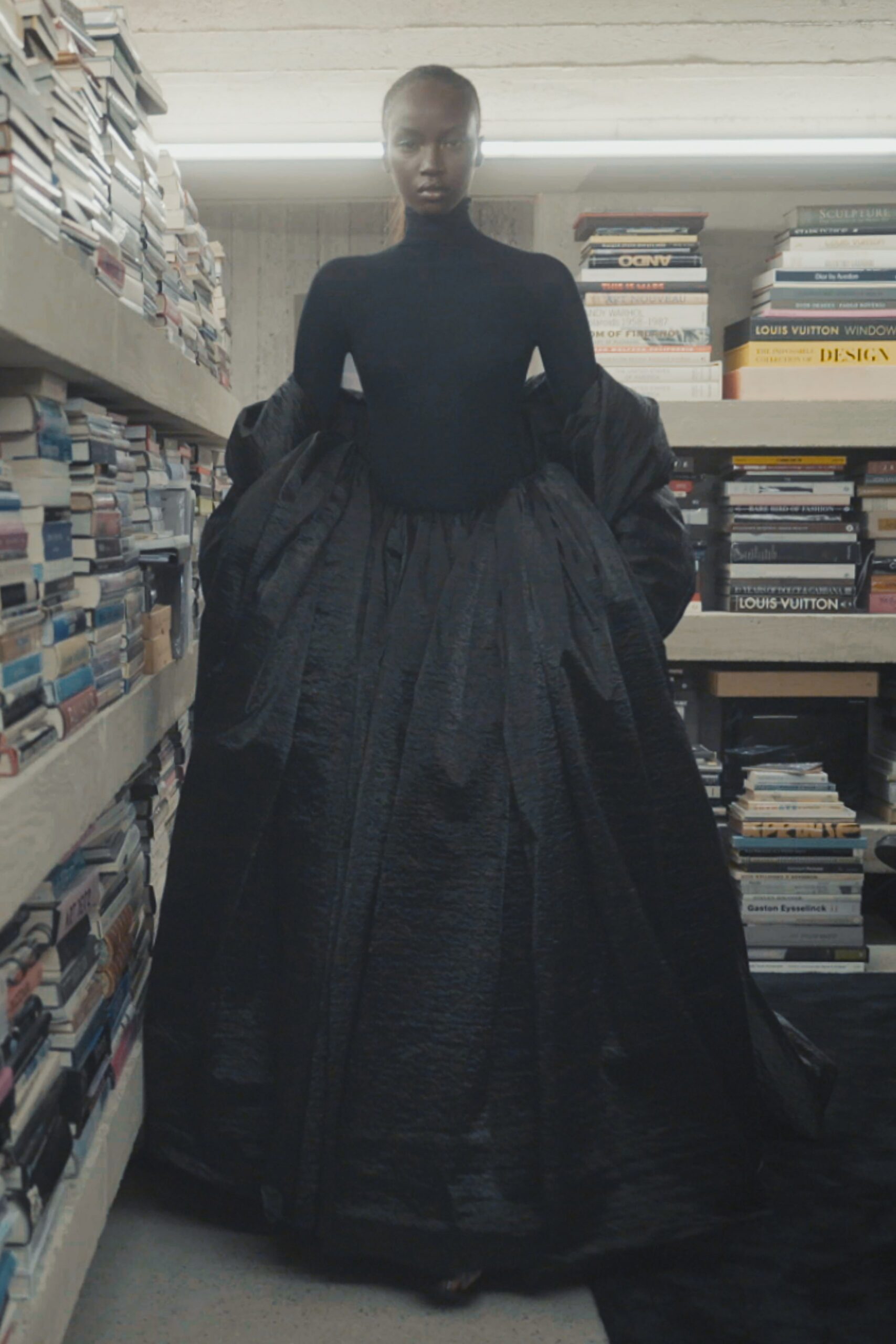 black silk pleated gown