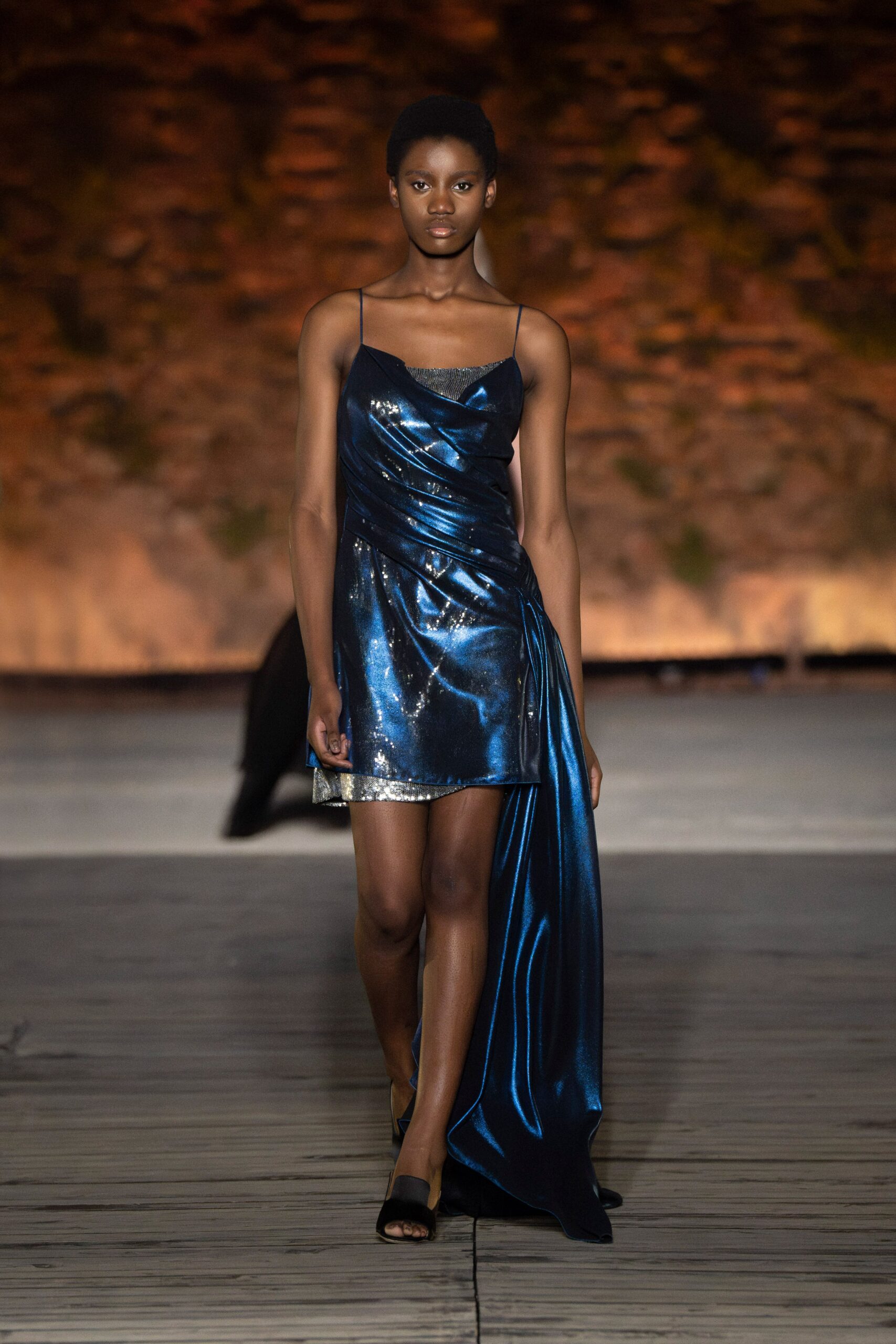 blue silk sleeveless dress