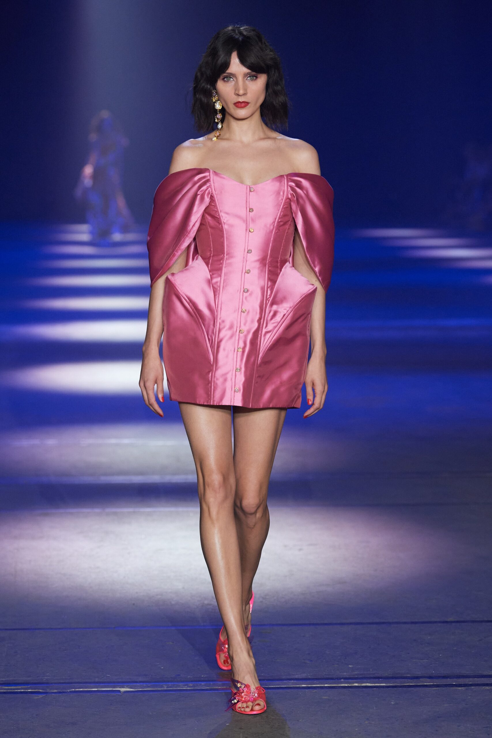 fitted pink silk off-shoulder dress