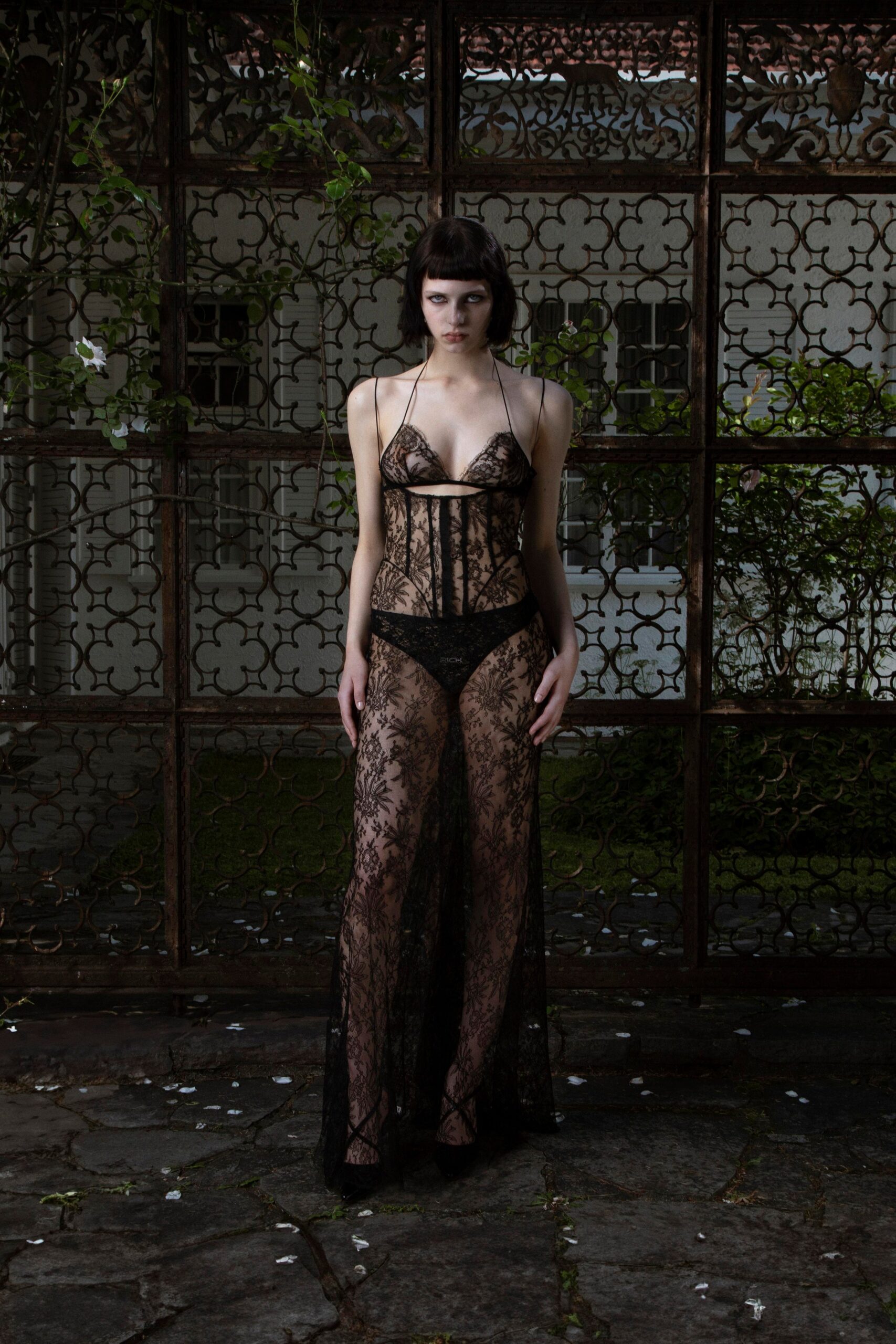 black lace fitted gown