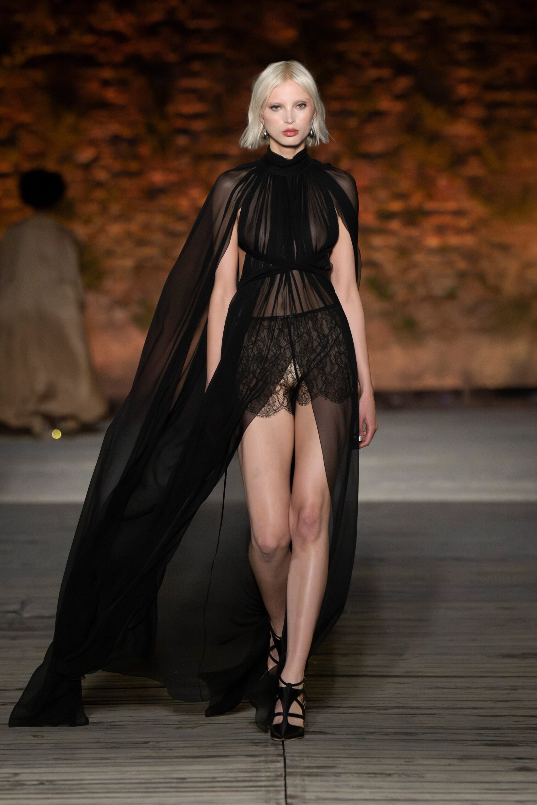 black silk gown with lace shorts