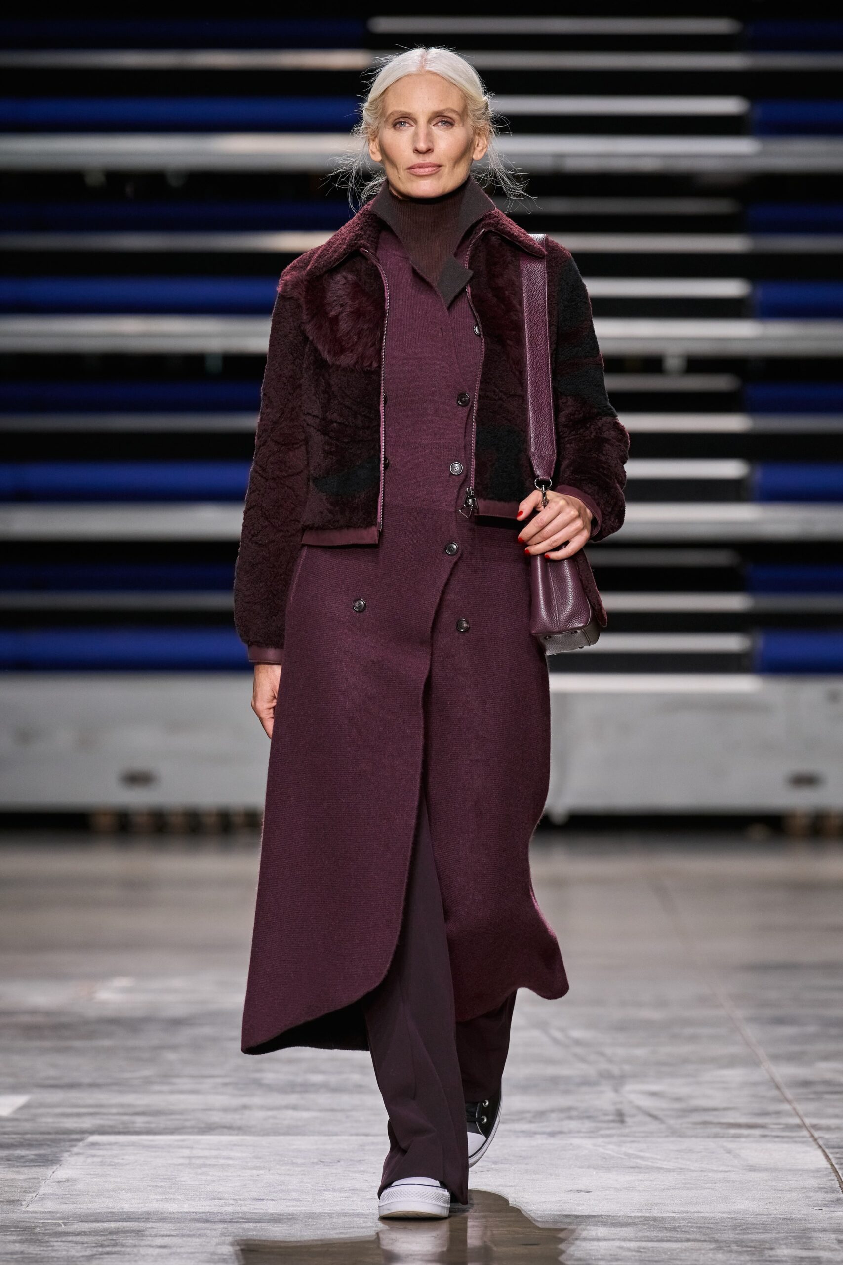 purple wool coat with tailored pants