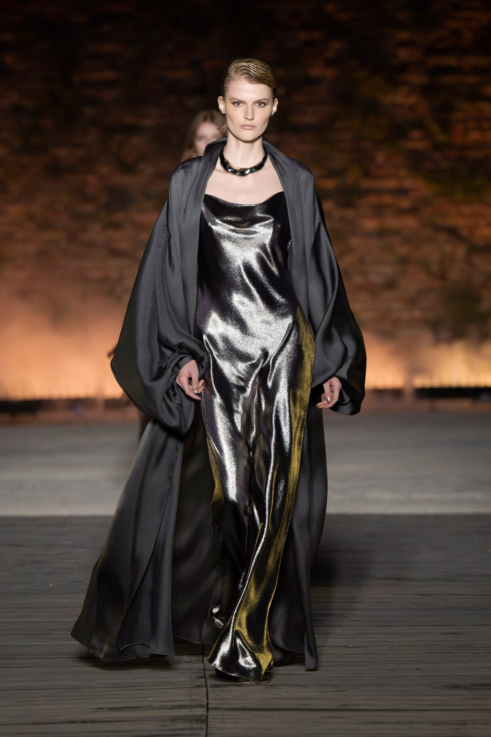 black silk long-sleeve oversized layered flowing cape
