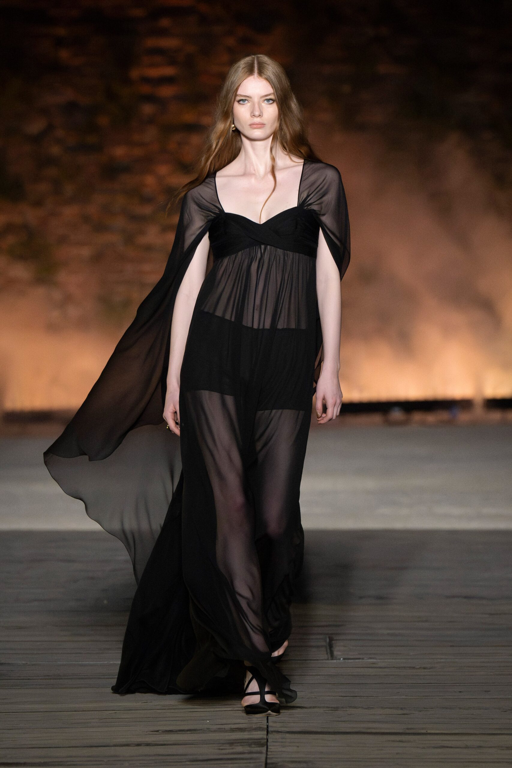 black sheer draped gown