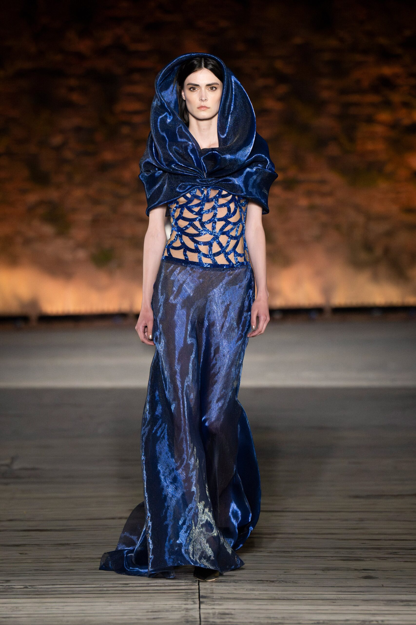 blue silk gown with cape