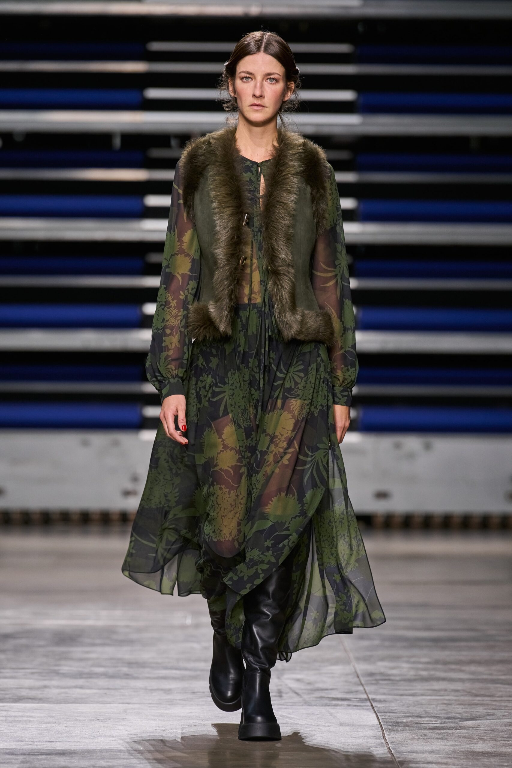 green floral maxi dress with fur vest