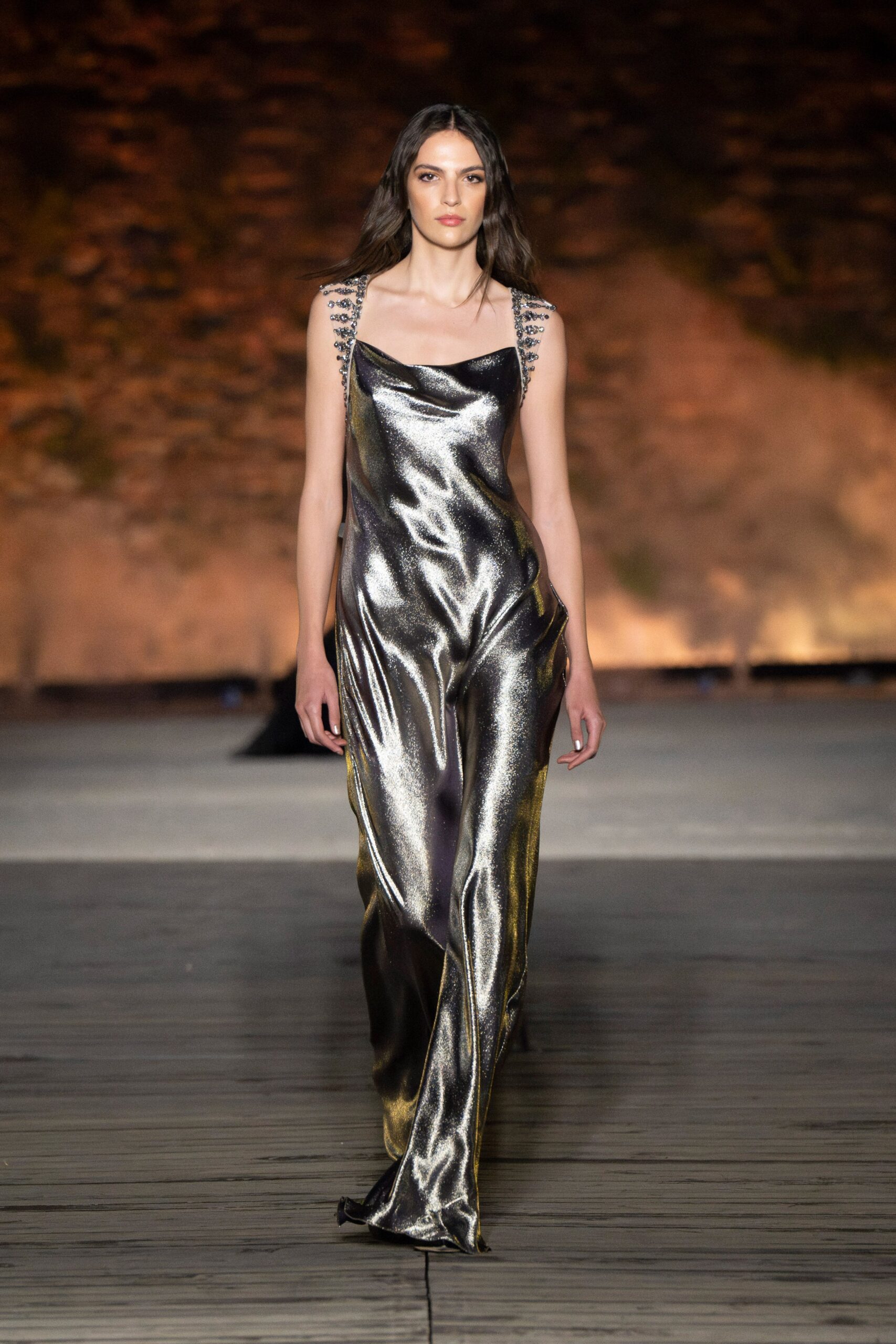 gold silk sleeveless gown