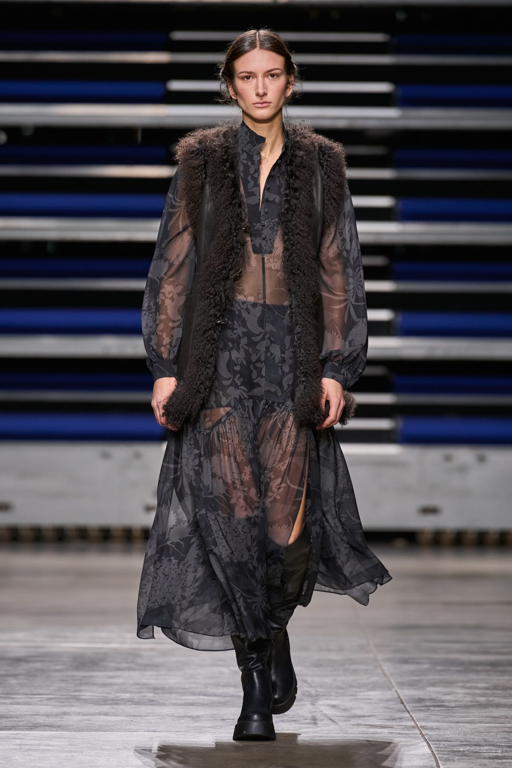 black layered midi dress with fur vest