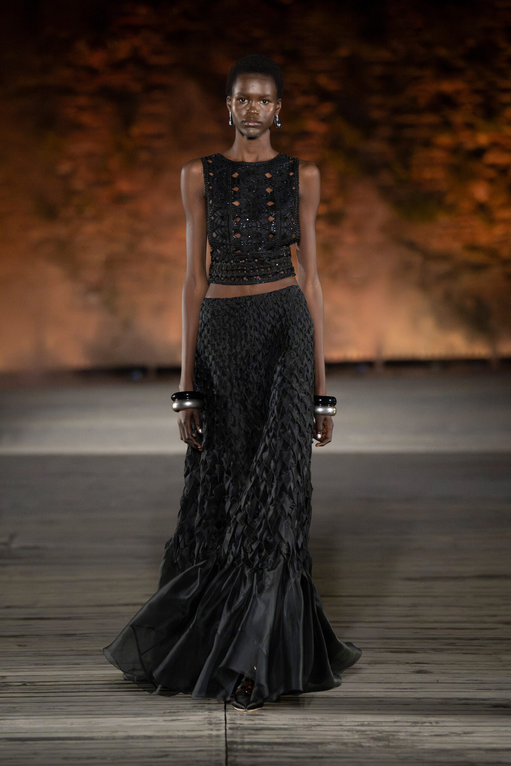 black silk fitted top and skirt