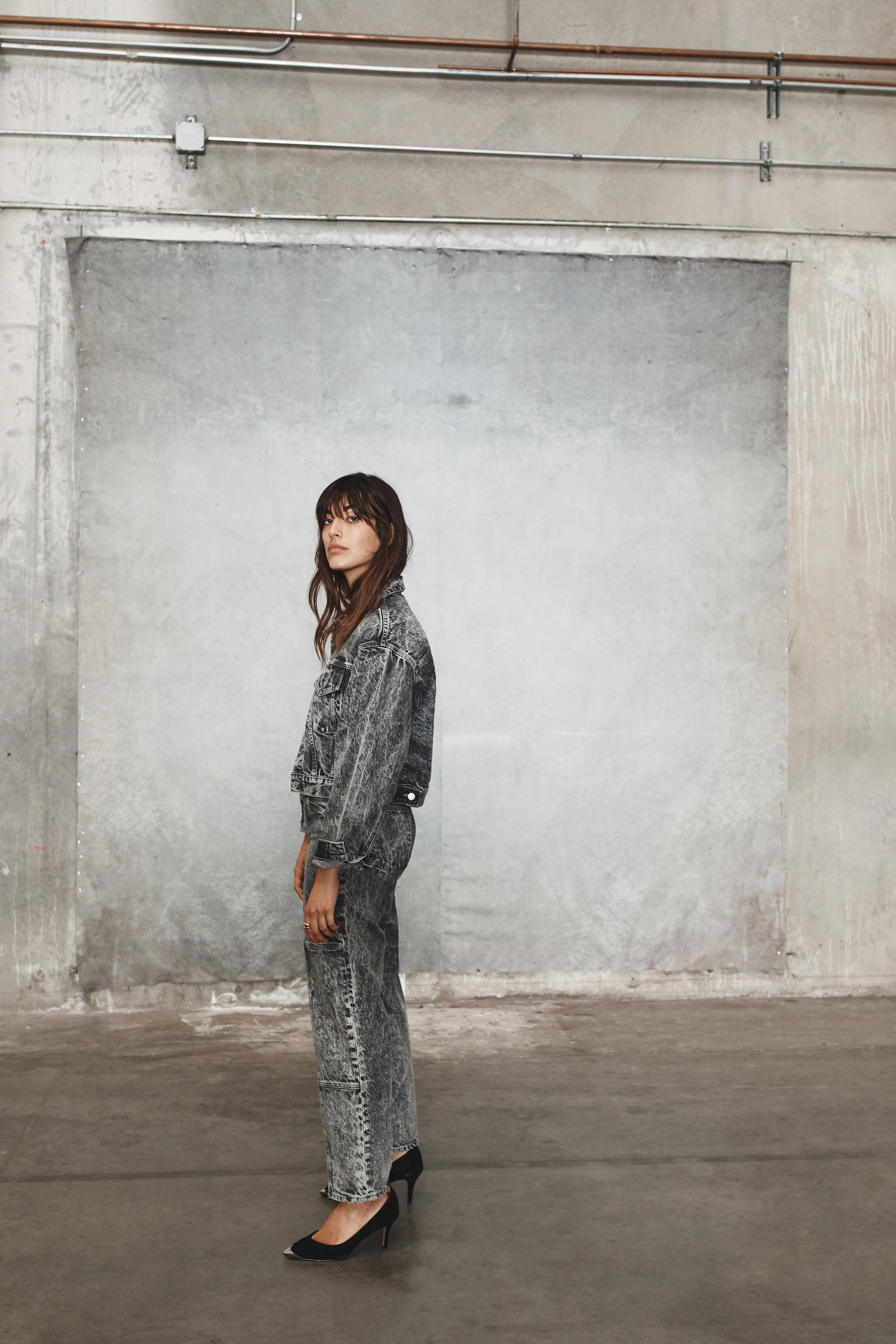black and white fitted denim jumpsuit