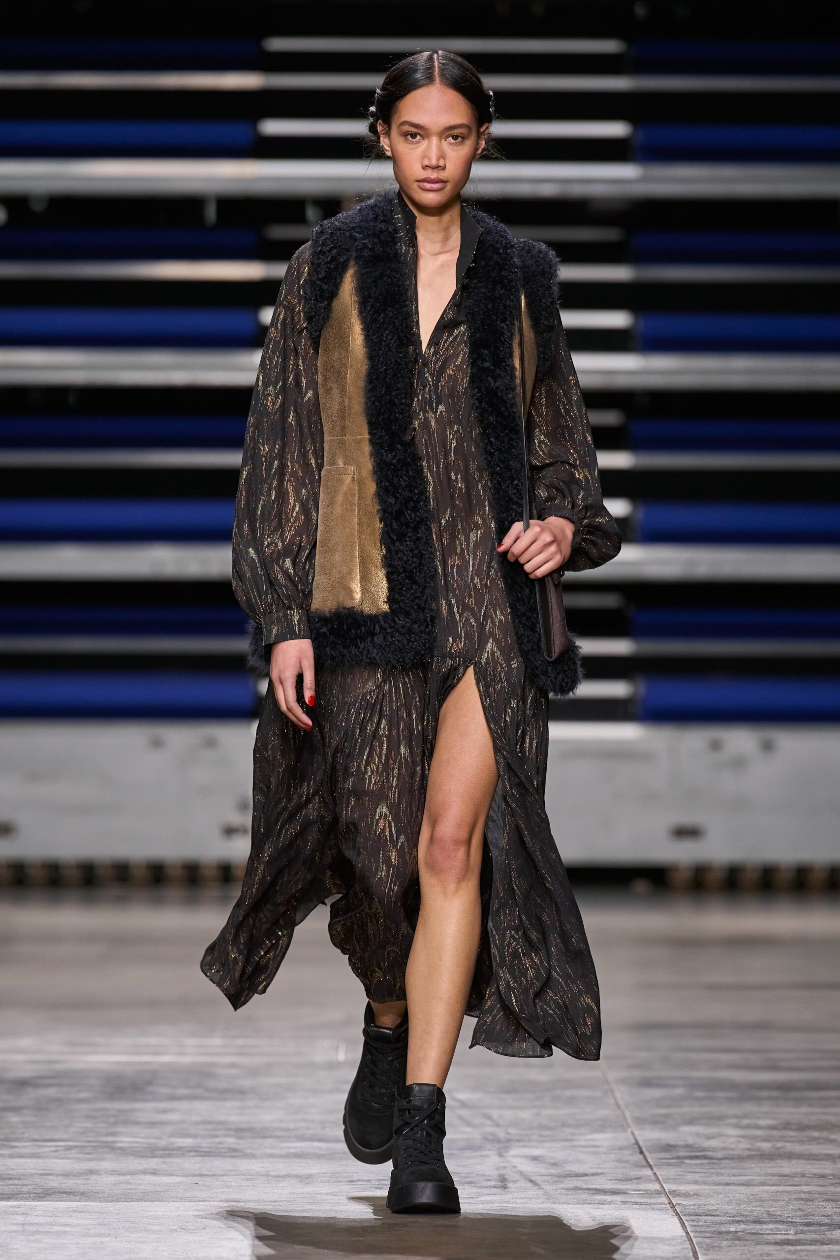 maxi dress with fur vest