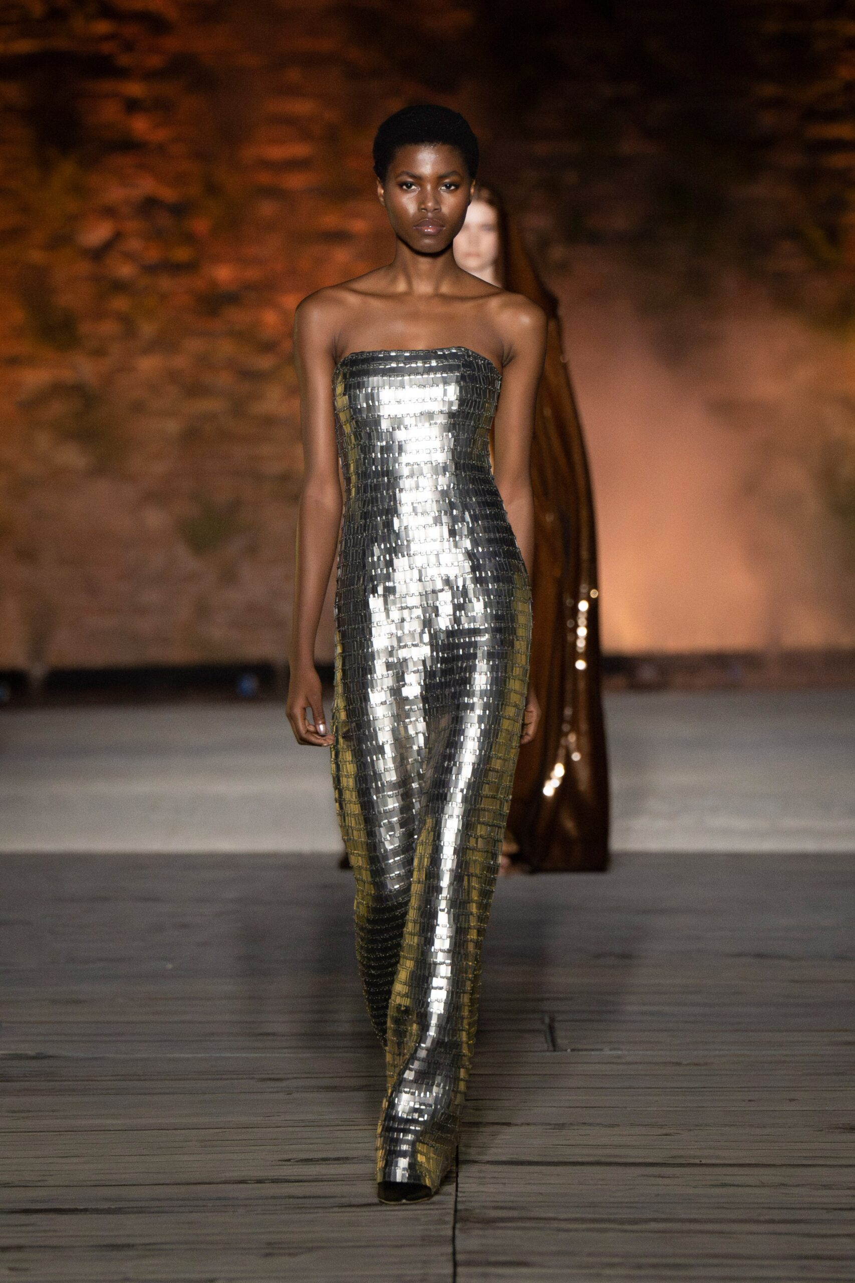 gold sequin strapless gown