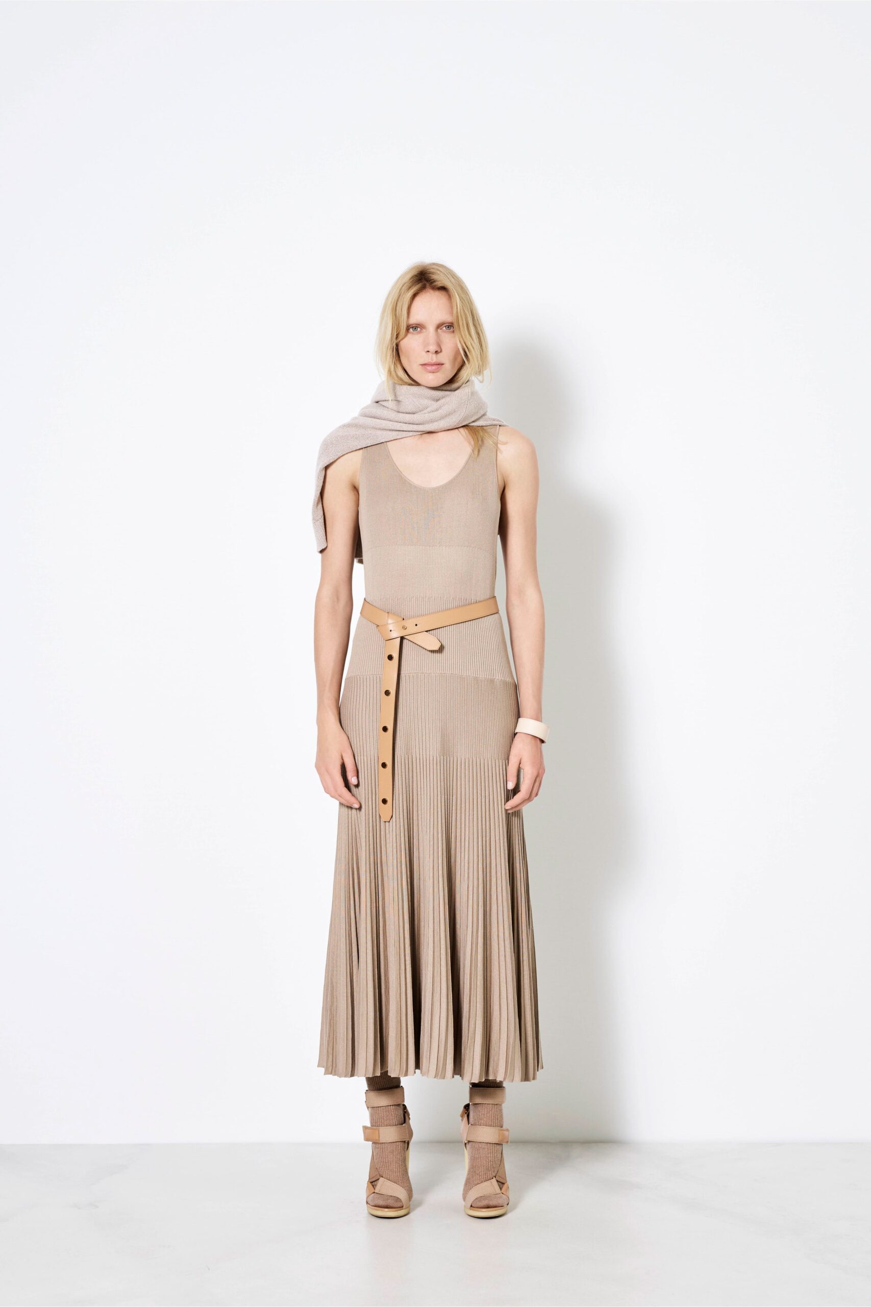 beige pleated midi dress