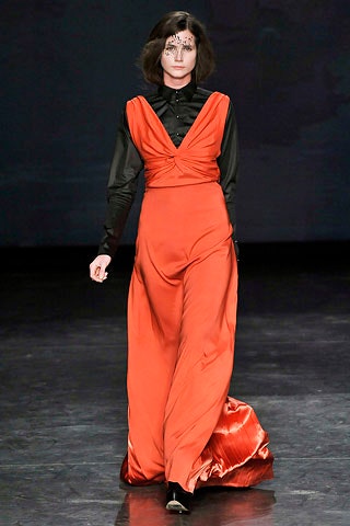 red silk gown with black blouse