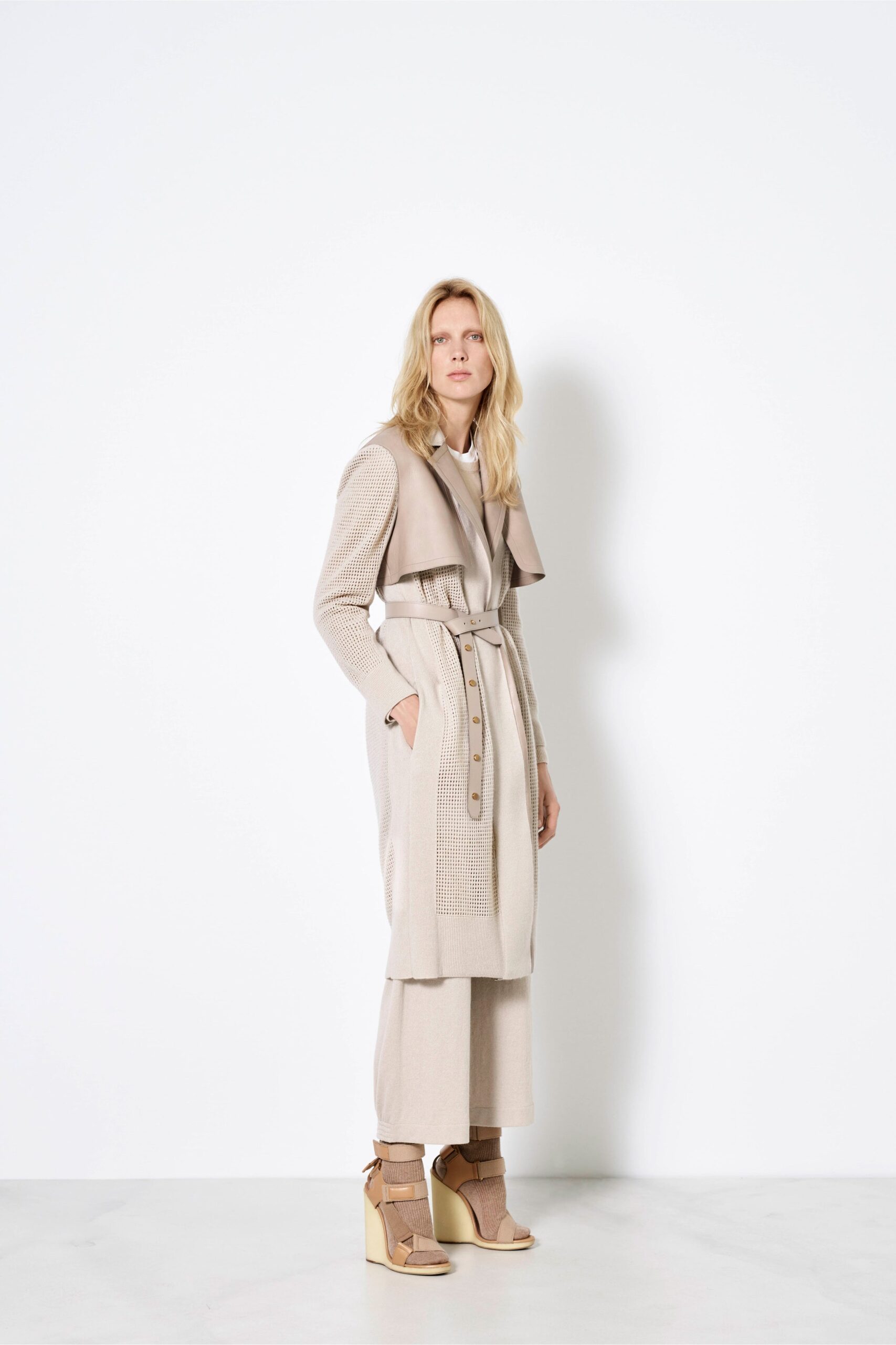 beige belted midi dress