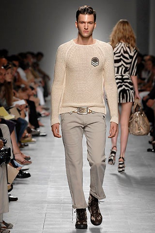 beige fitted sweater with gray pants