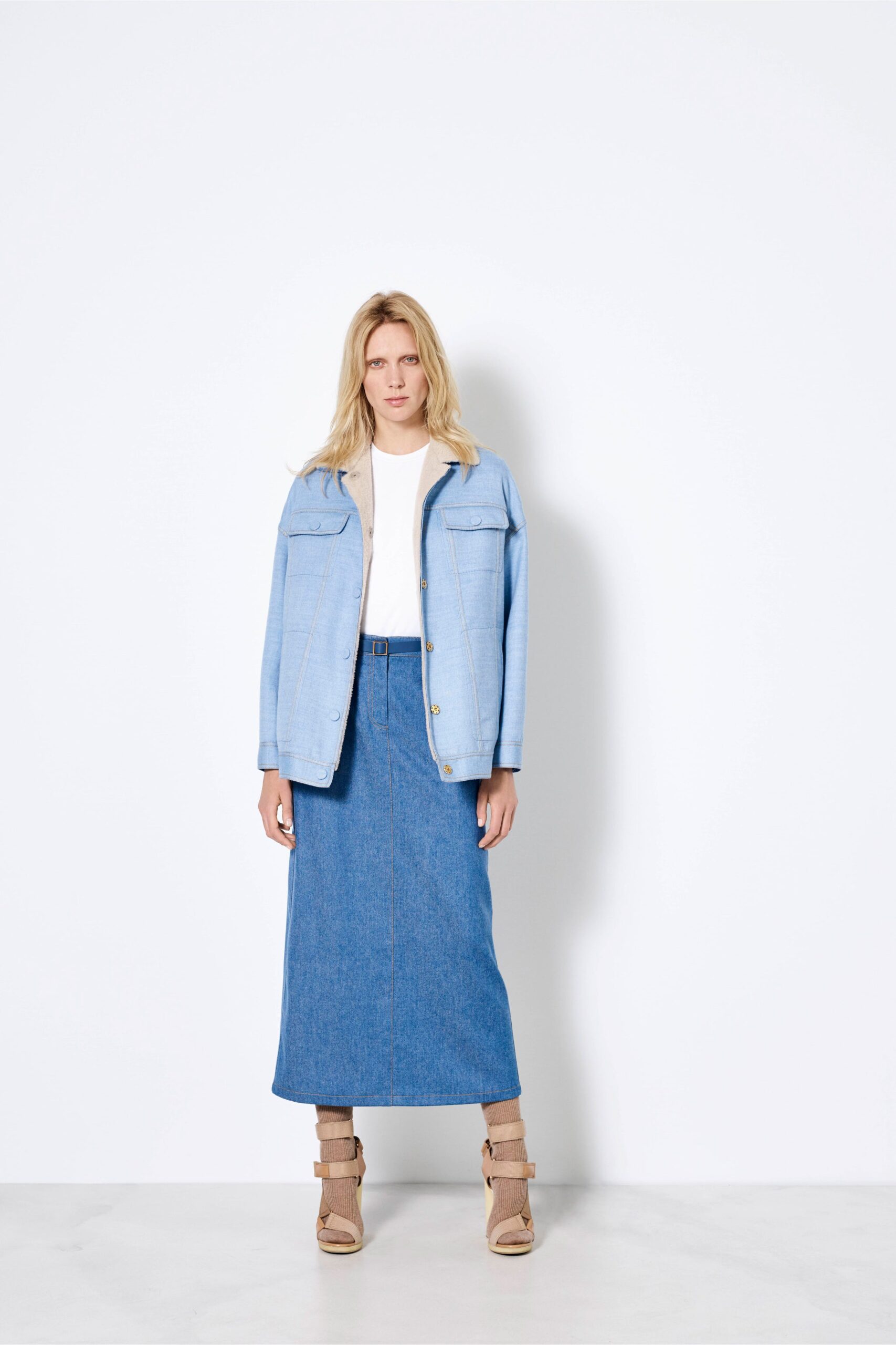 blue denim jacket with midi skirt