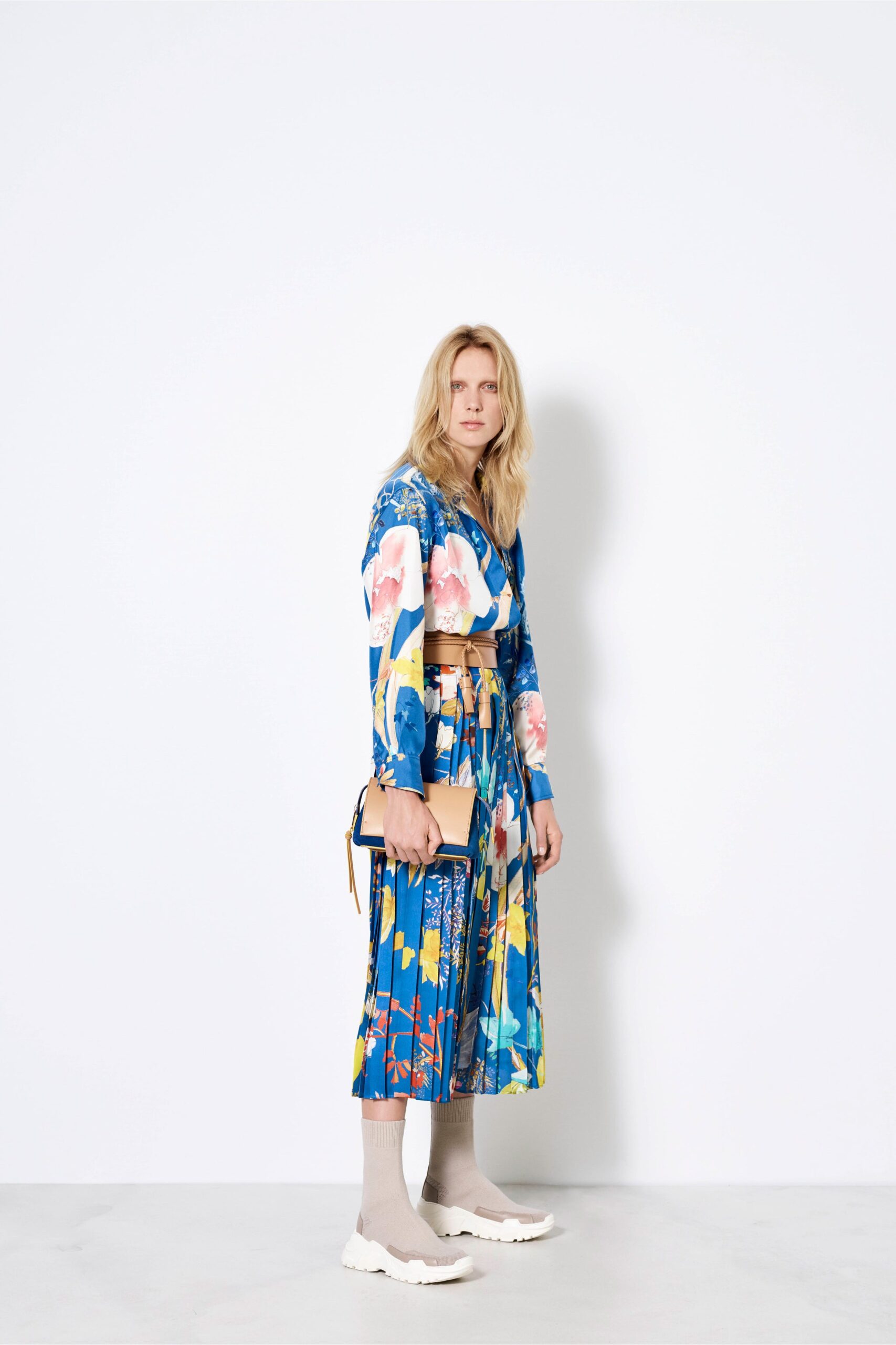 blue floral midi dress with bag