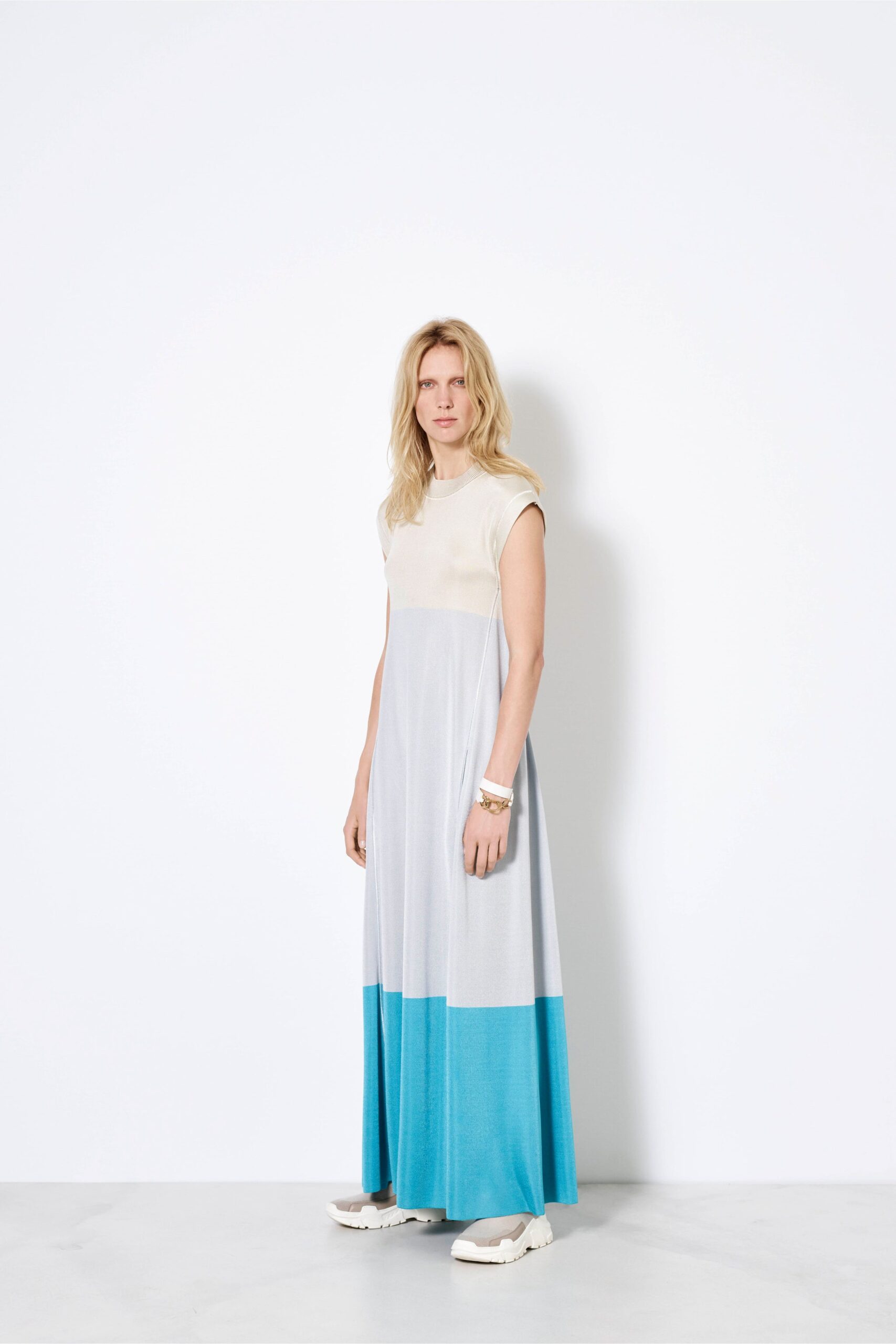 beige and blue color-blocked maxi dress
