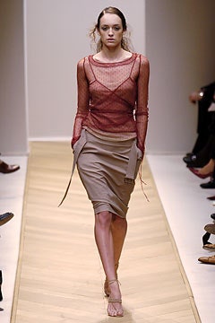 red mesh fitted top and beige skirt