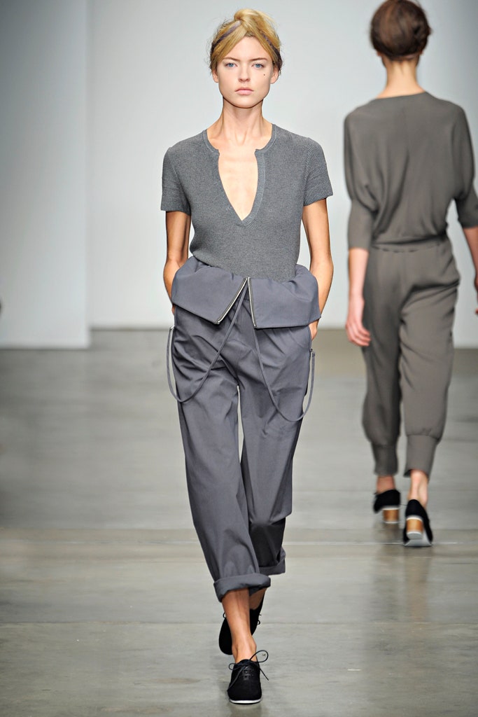 gray fitted top and relaxed pants