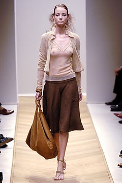 beige silk top with brown skirt