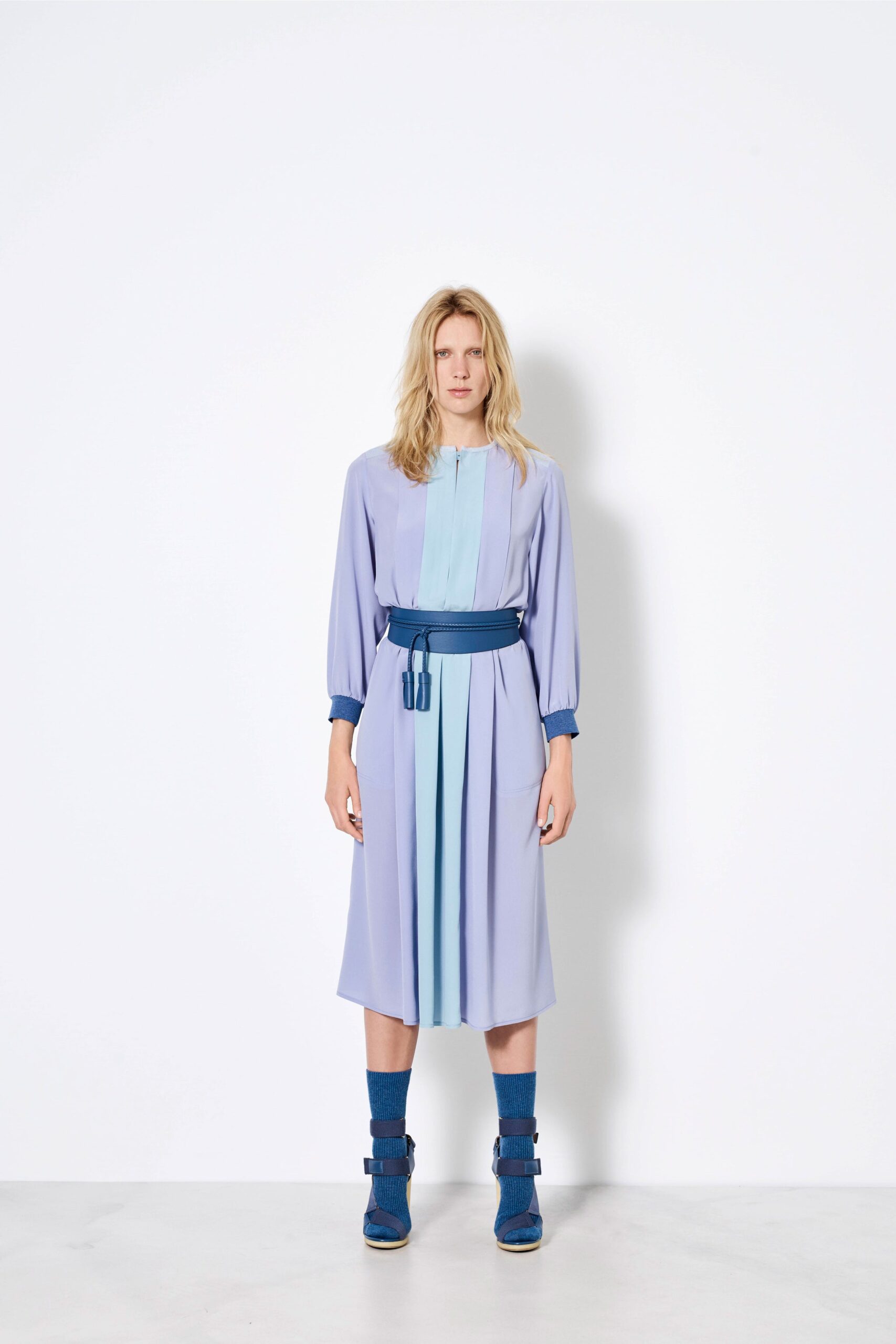 blue and lavender pleated dress