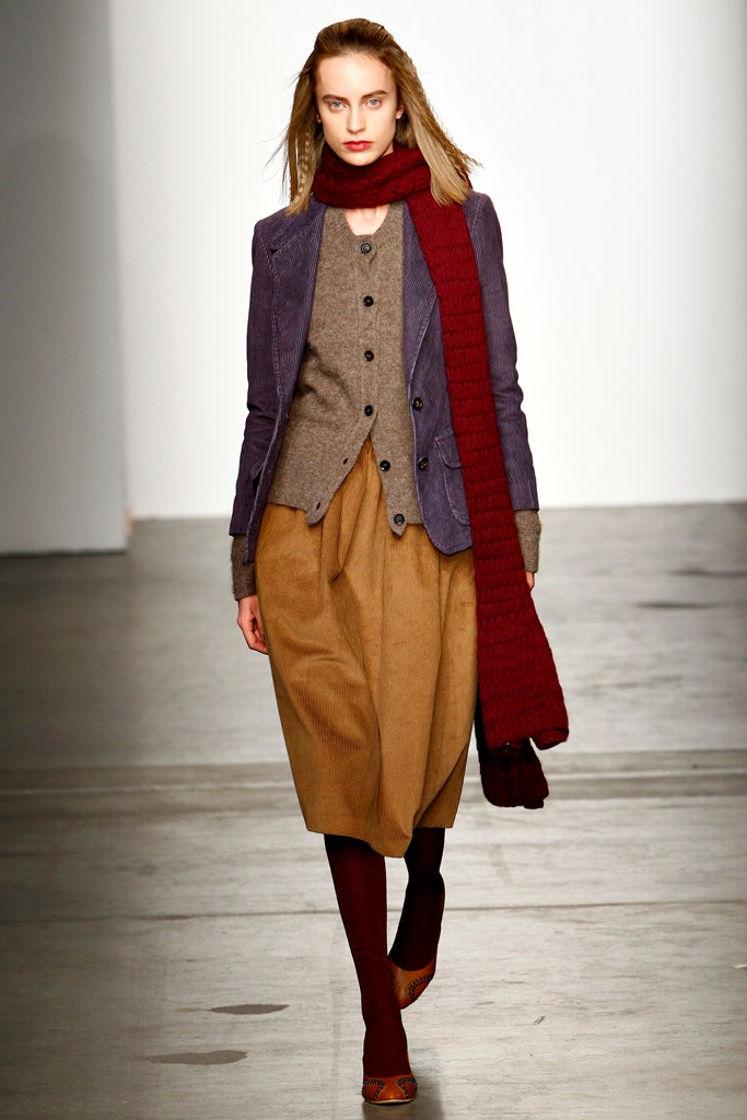 purple tailored blazer with gray cardigan