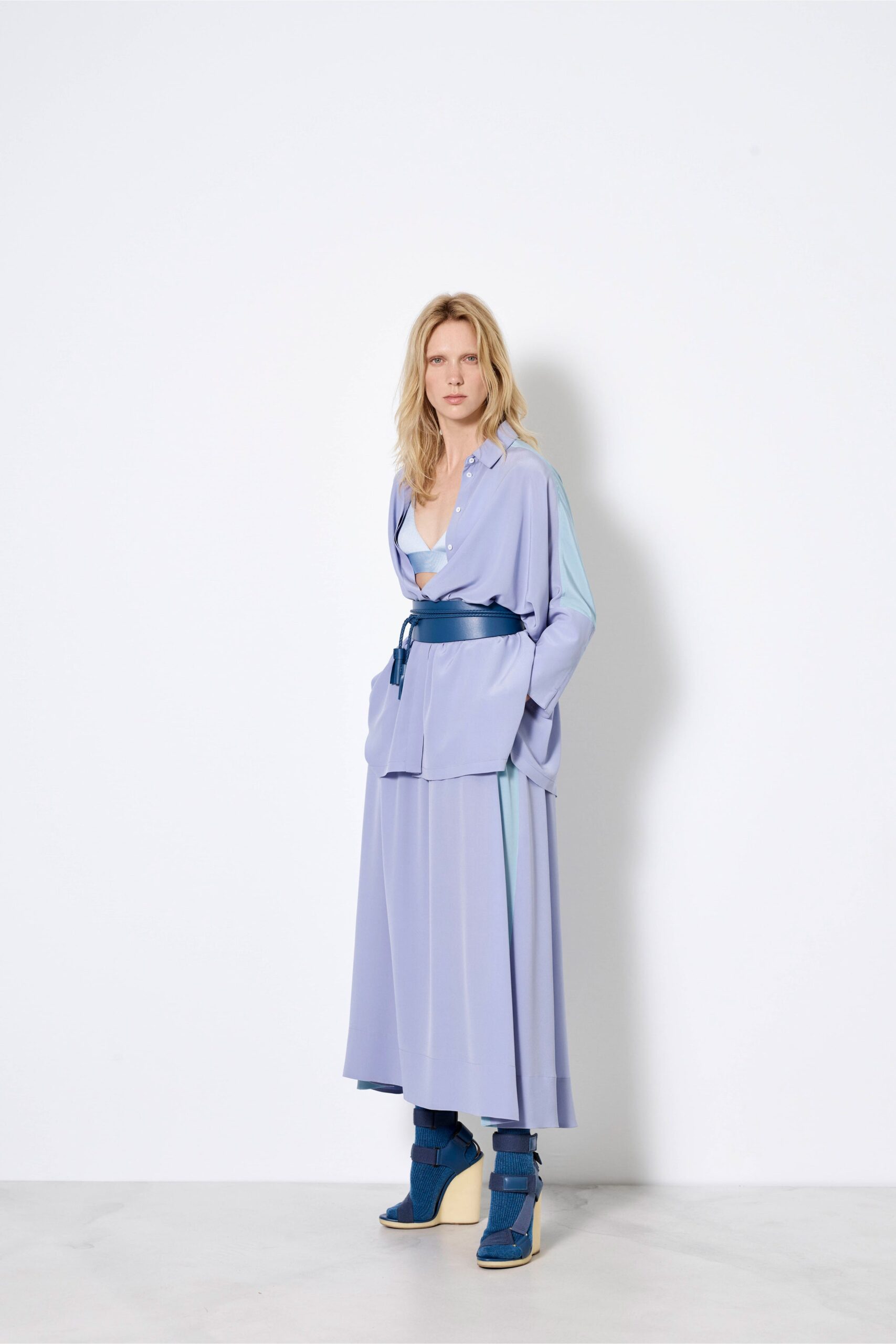 blue silk long-sleeve collared relaxed buttoned blouse