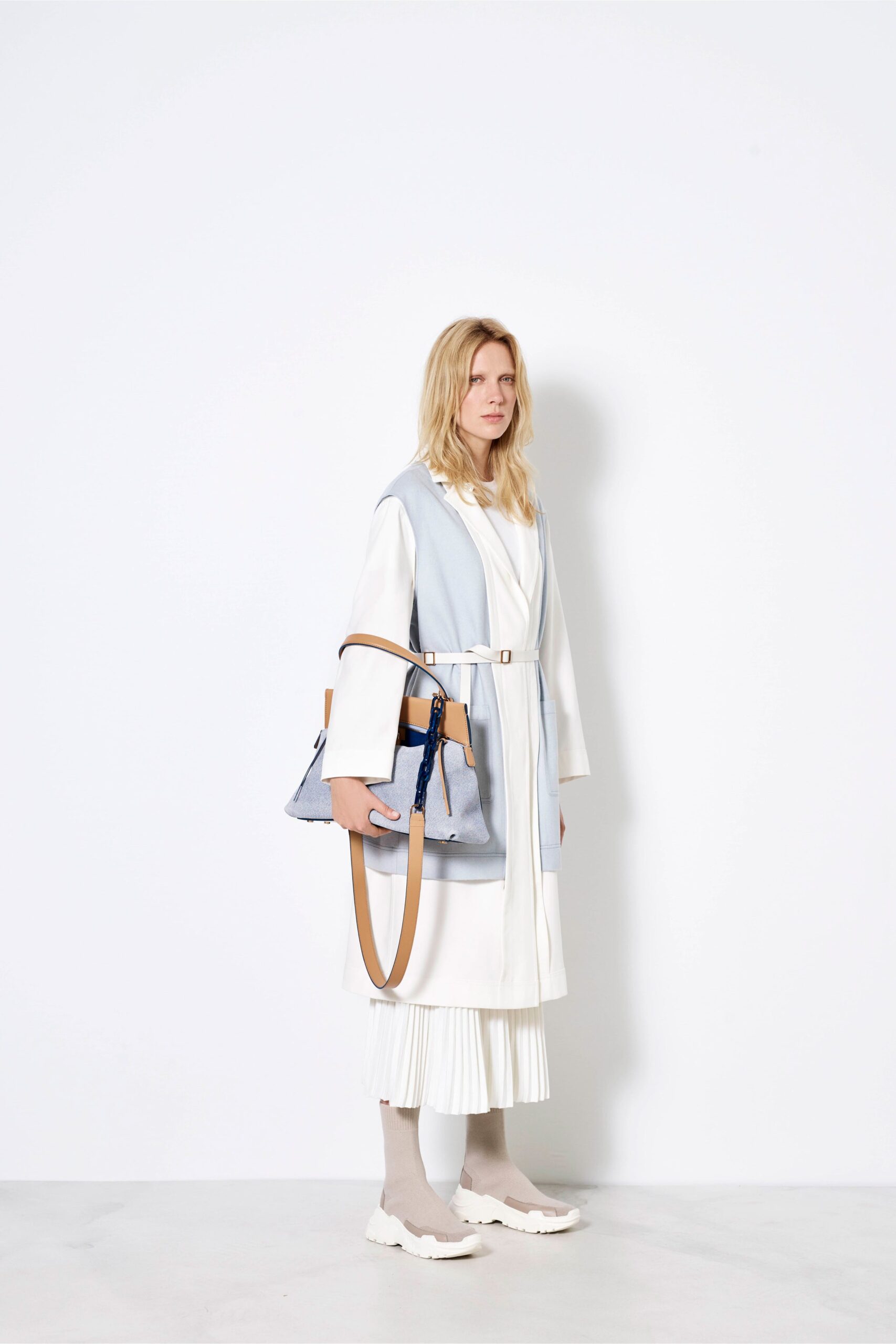white relaxed midi dress with blue coat