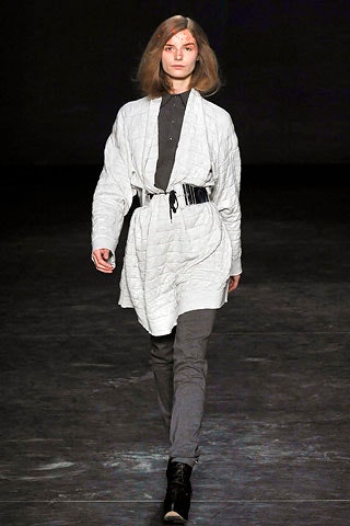 white quilted coat with gray shirt