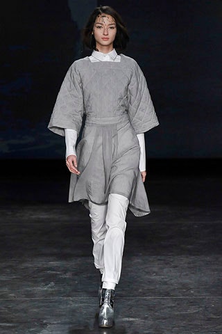 gray quilted midi dress with white pants