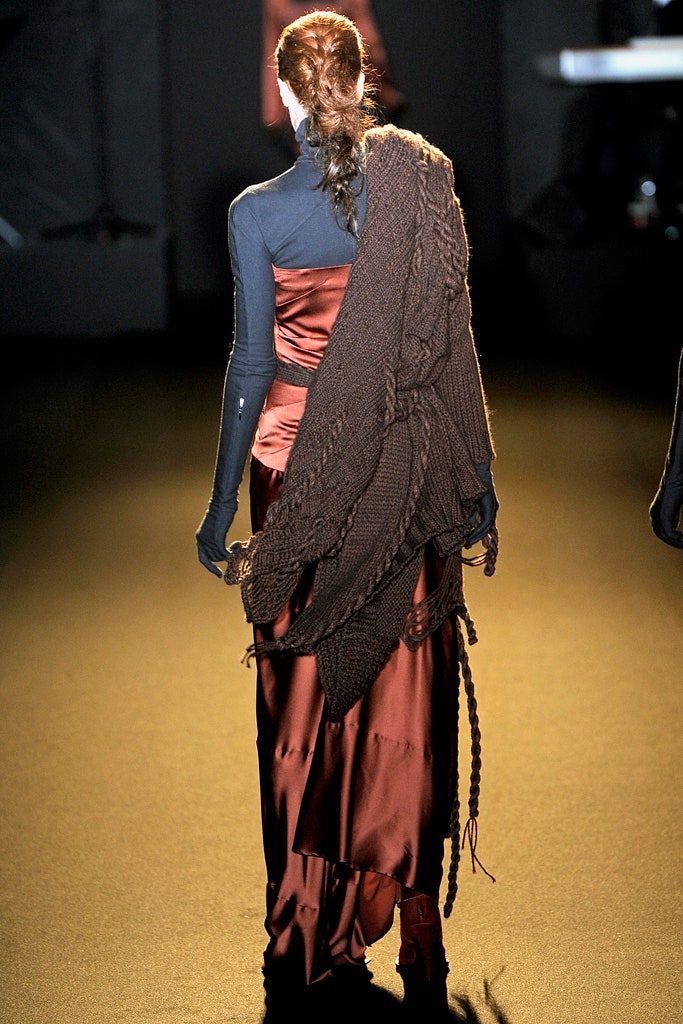 brown silk gown with knit cape