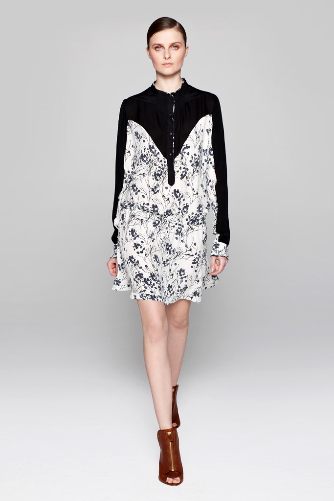 black silk long-sleeve collared fitted flared printed dress