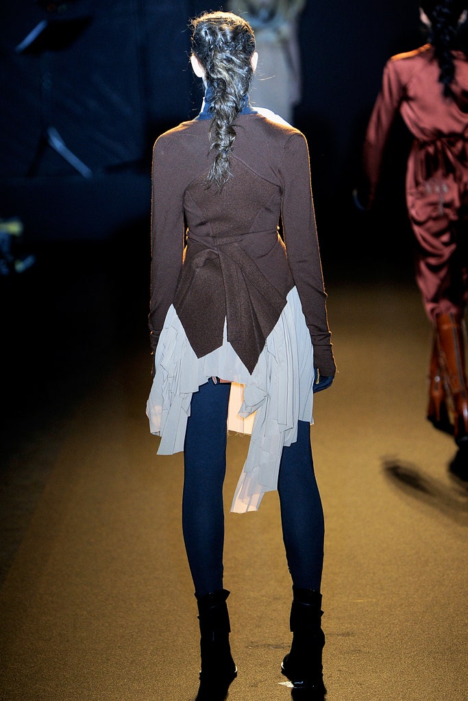 brown wool long-sleeve asymmetric fitted draped top