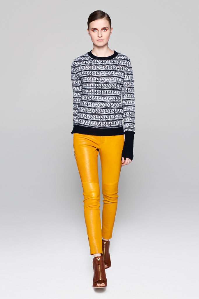 navy printed sweater with yellow pants