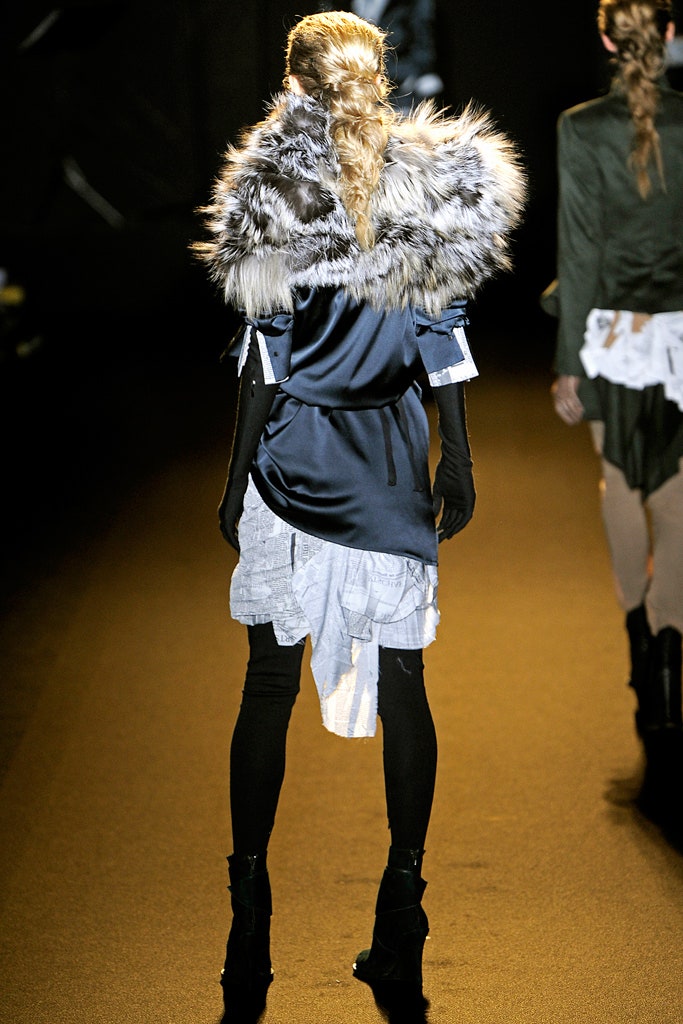 white silk layered mini dress with gray fur cape