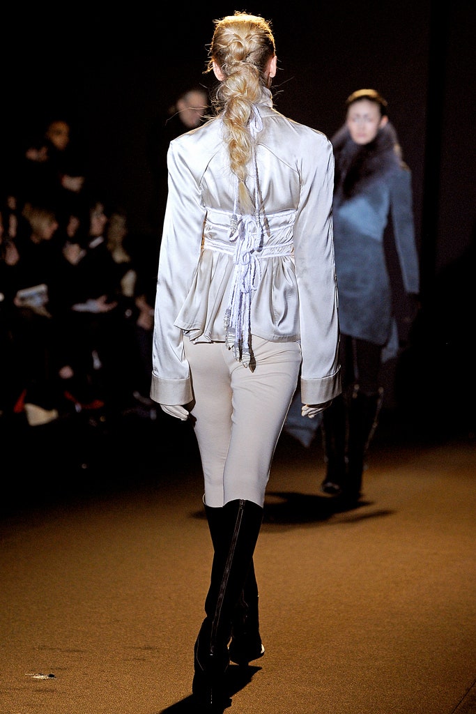 white silk long-sleeve collared fitted draped blouse