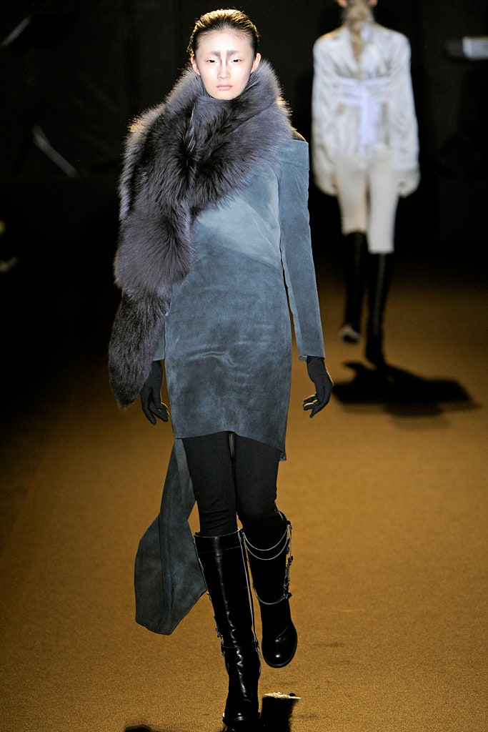 gray suede long-sleeve collared fitted draped coat