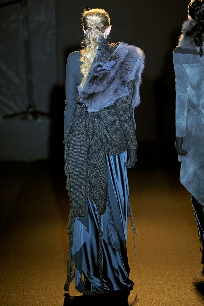 blue silk maxi dress with black fur cape